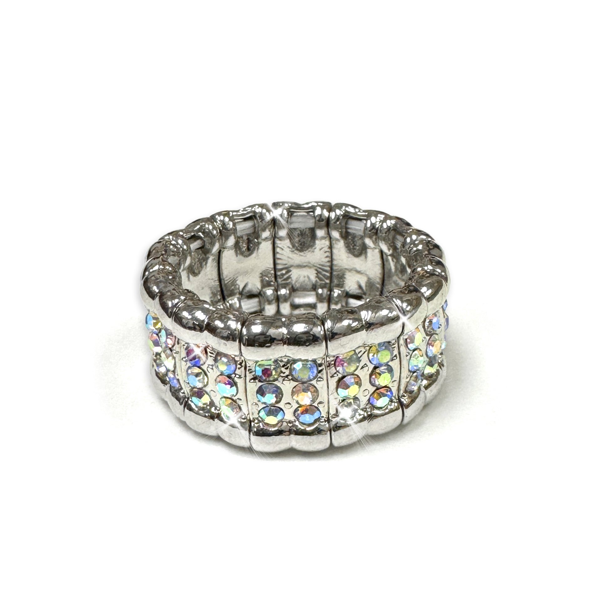Silver ring with AB crystal accents on a white background