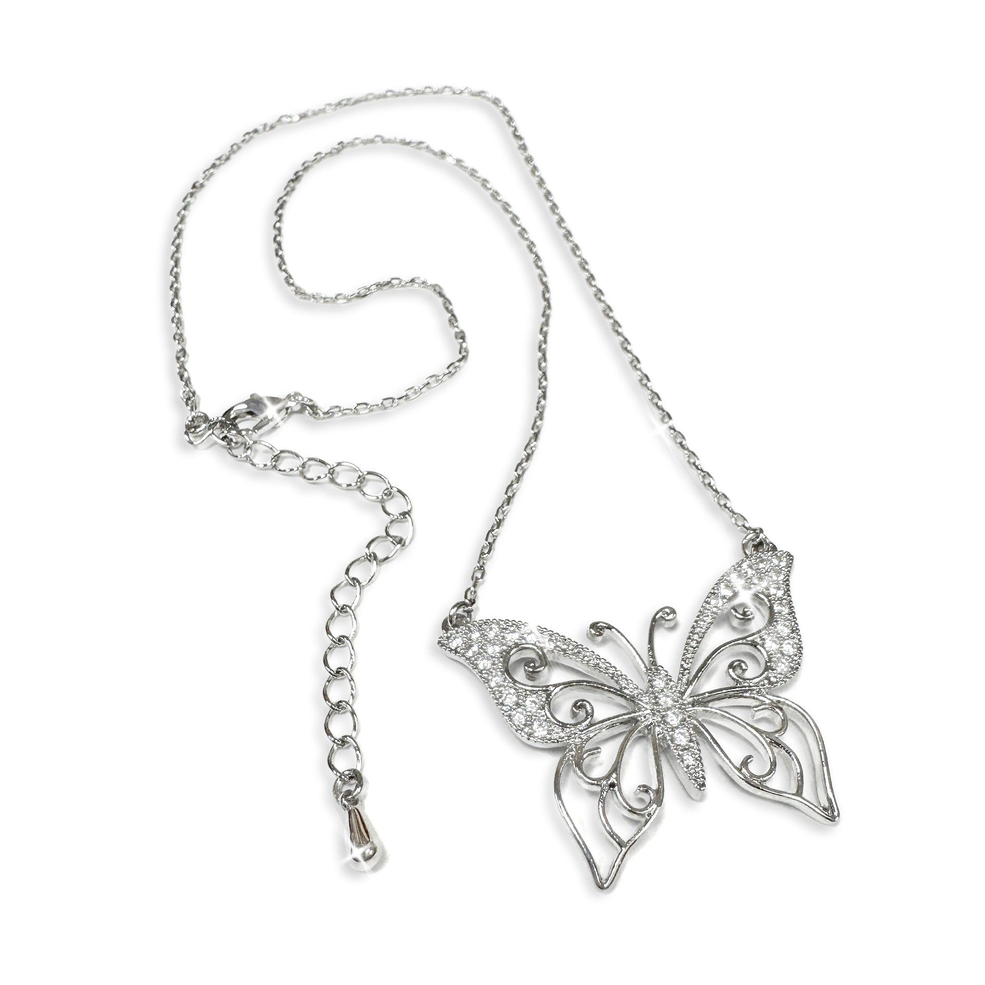 Silver butterfly necklace on a white background