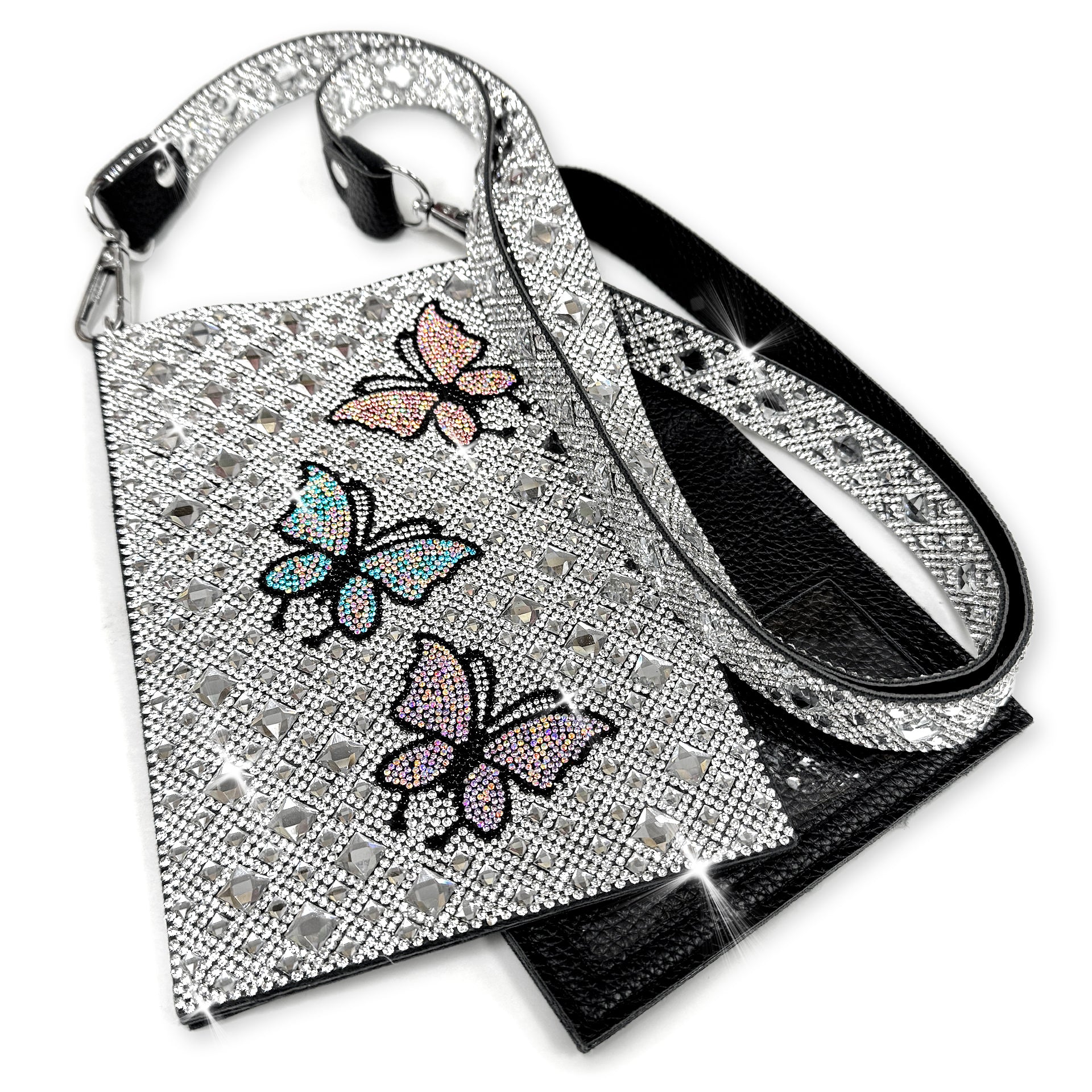Silver rhinestone cellphone purse with butterfly designs in purple, pink and teal crystal rhinestones on a white background
