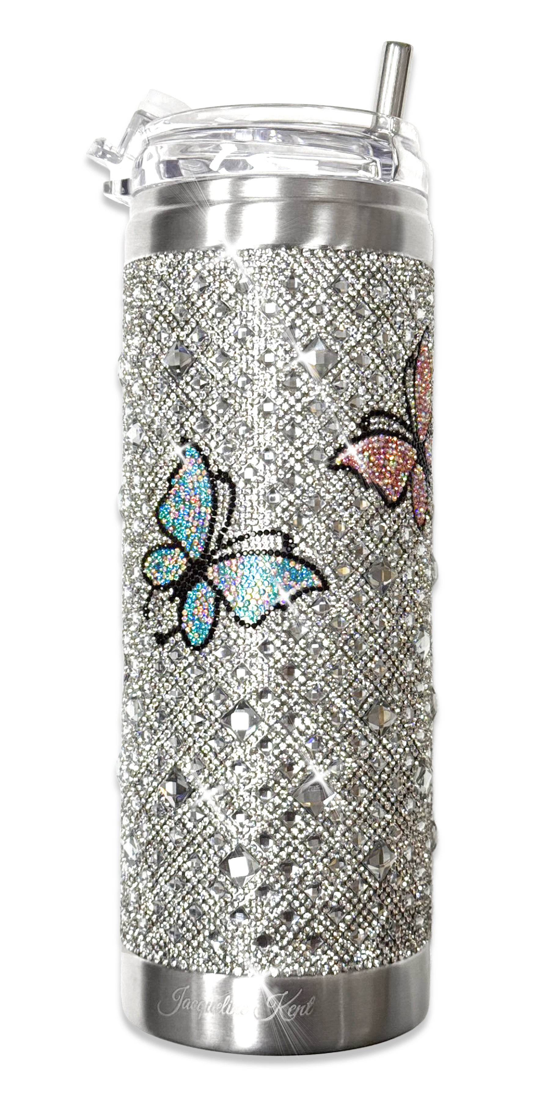 Silver crystal tumbler with butterfly design and rhinestone embellishments on a white background