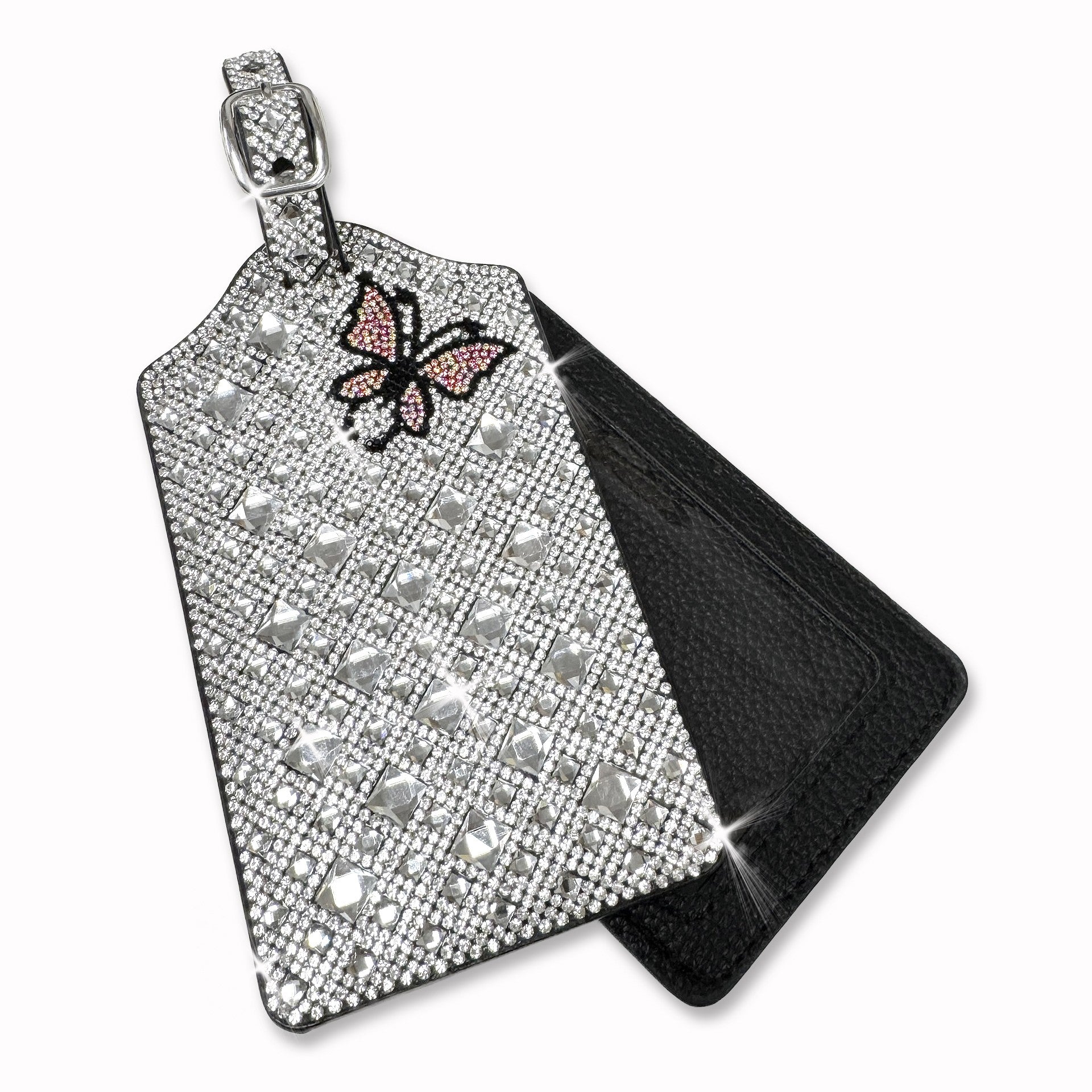 Decorative rhinestone luggage tag with pink butterfly design on a white background