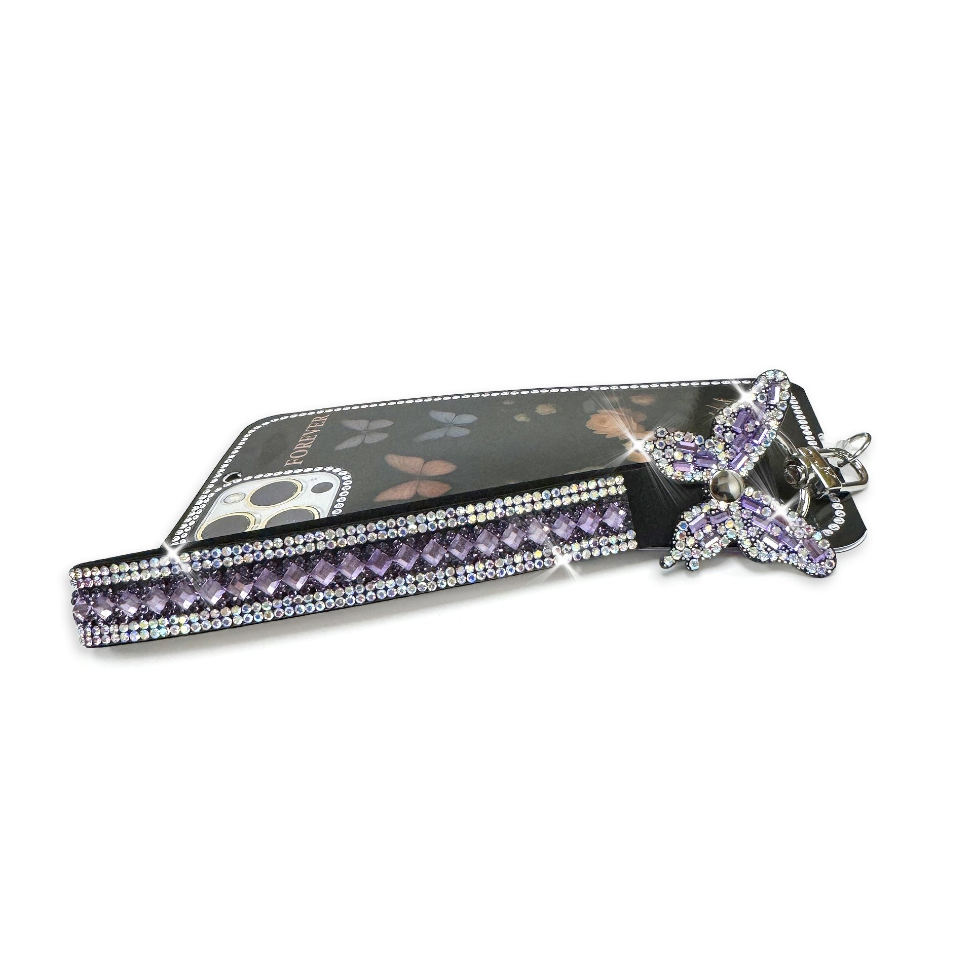 Phone and wrist lanyard with purple crystals with butterfly on a white background