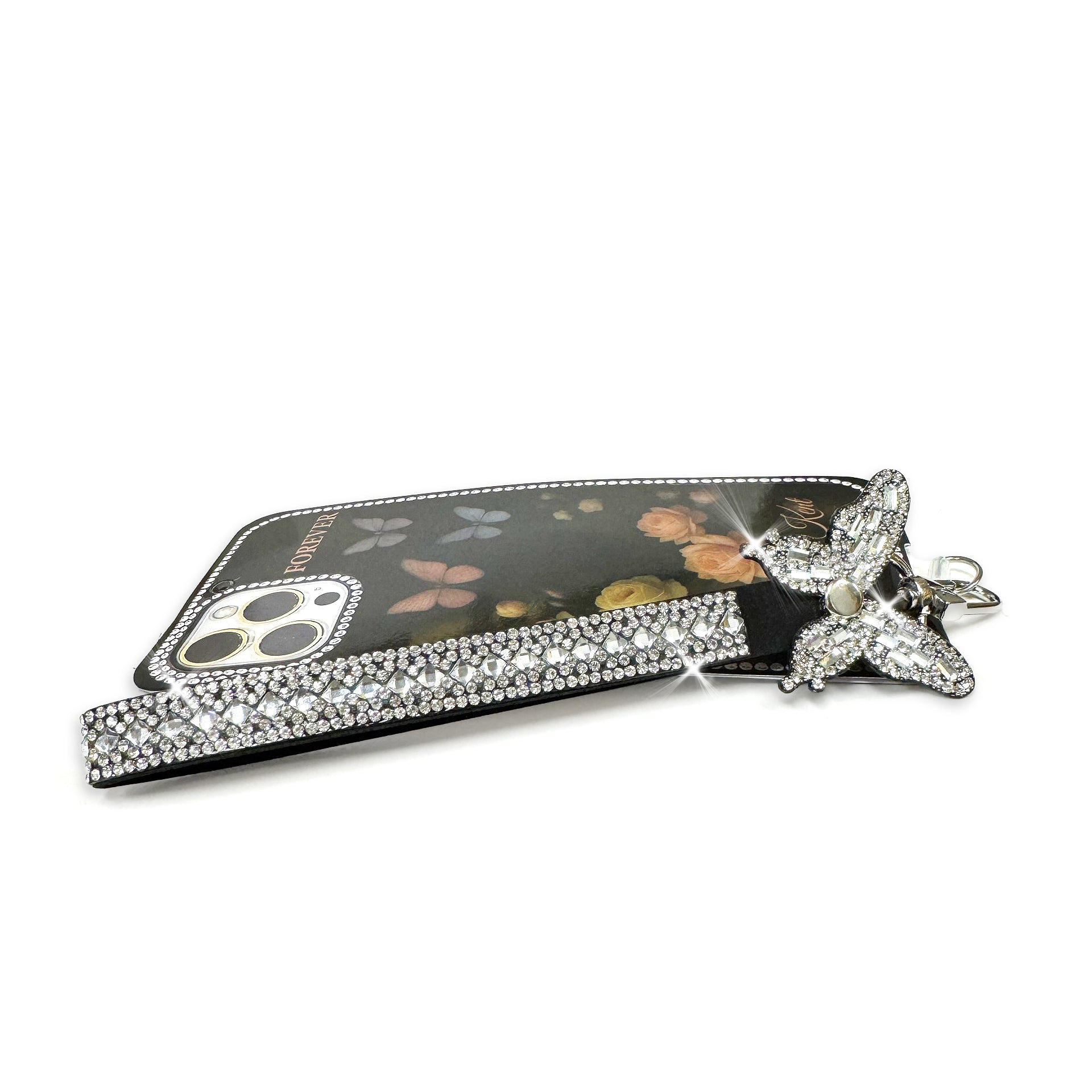 Phone wrist lanyard with butterfly design and rhinestones on a white background