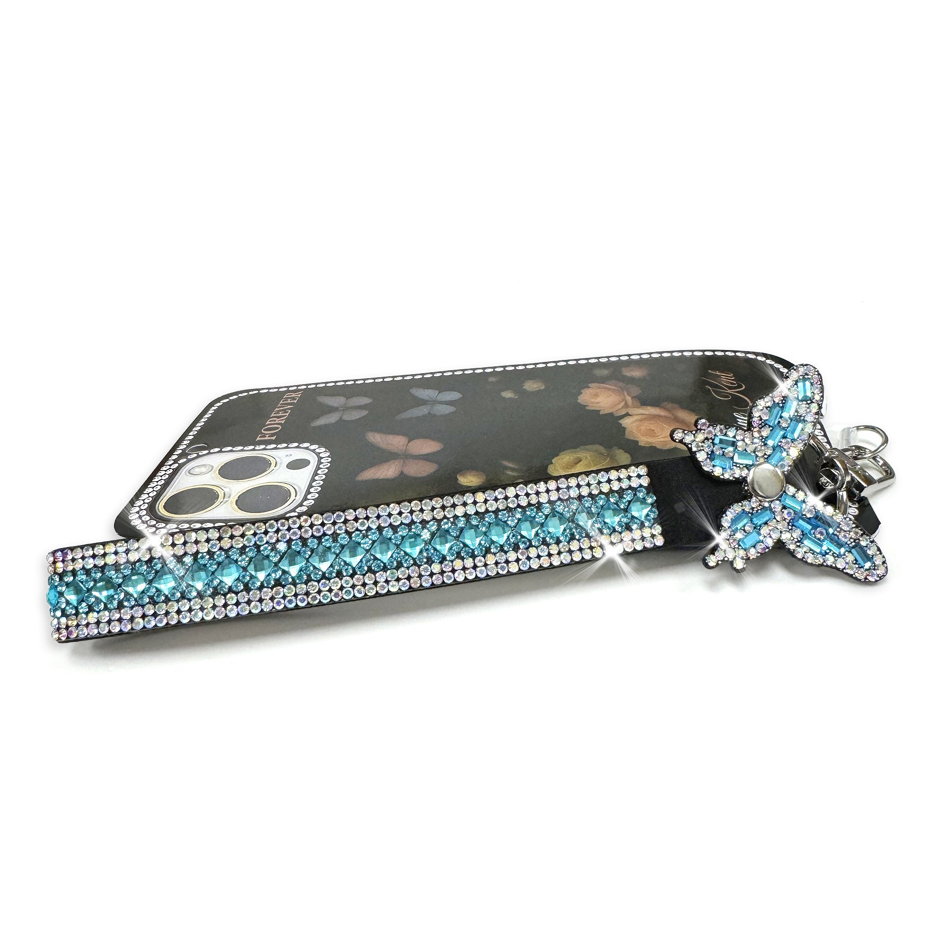 Phone lanyard with teal gemstones and butterfly charm on a white background