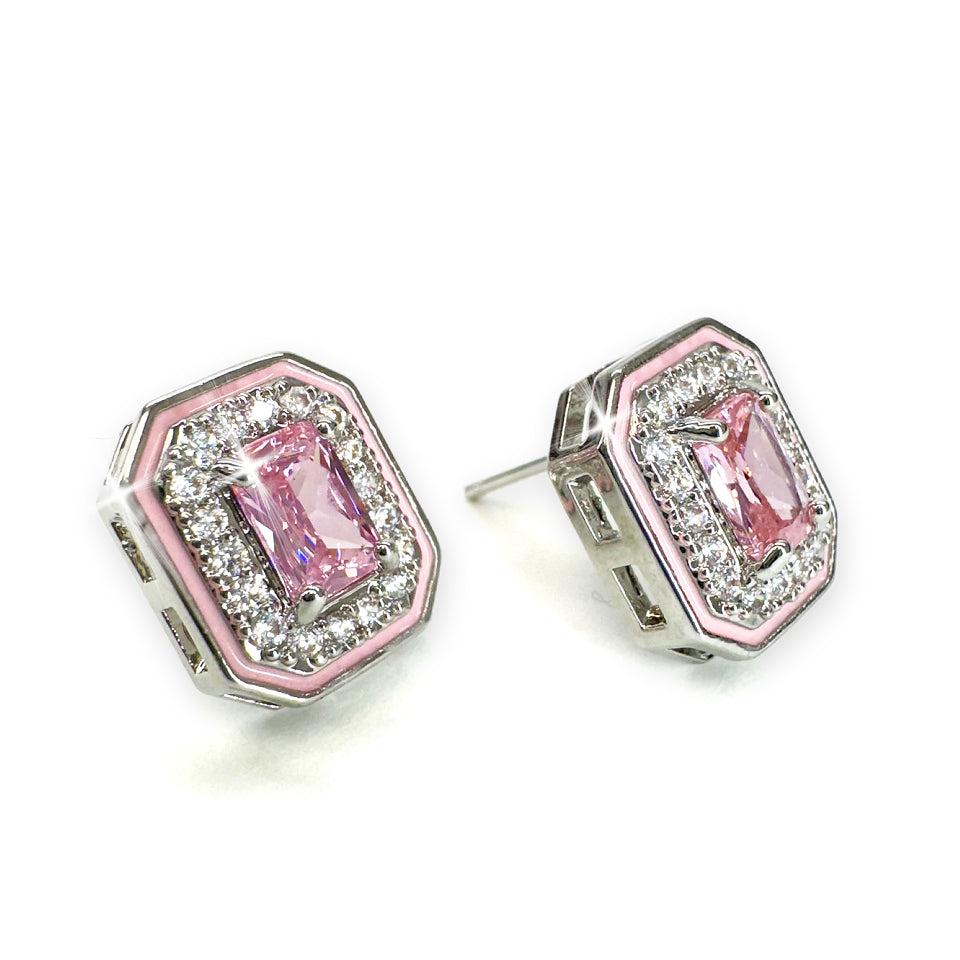 EARRING CRYSTAL STUDS SILVER PINK