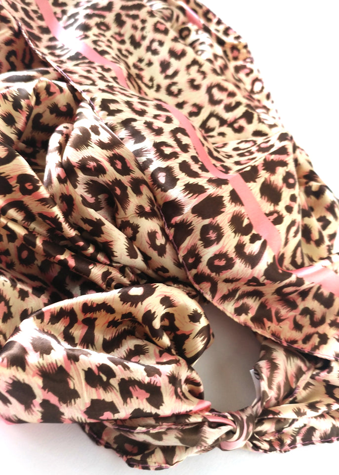 SCARF SILK LEOPARD PINK BROWN