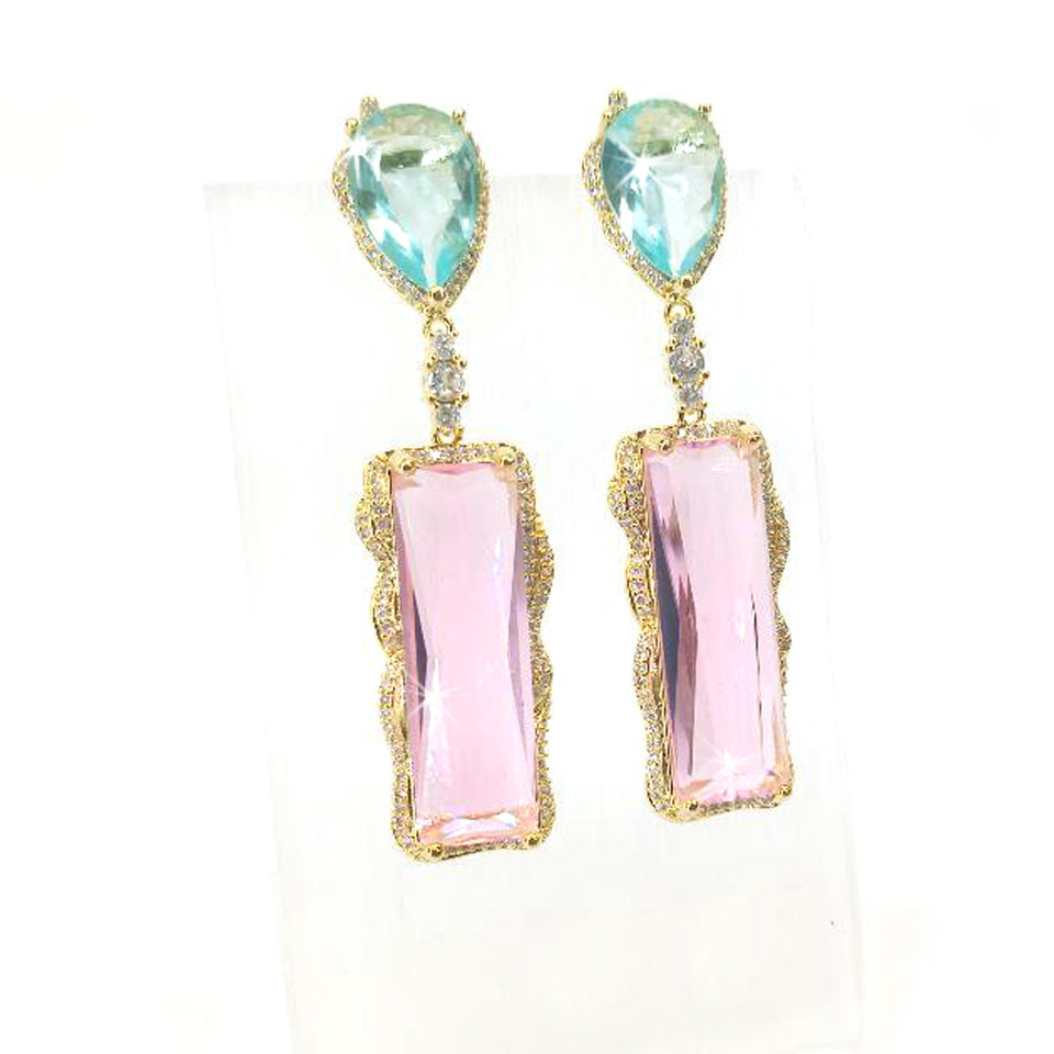 EARRING RECTANGLE PINK CRYSTAL