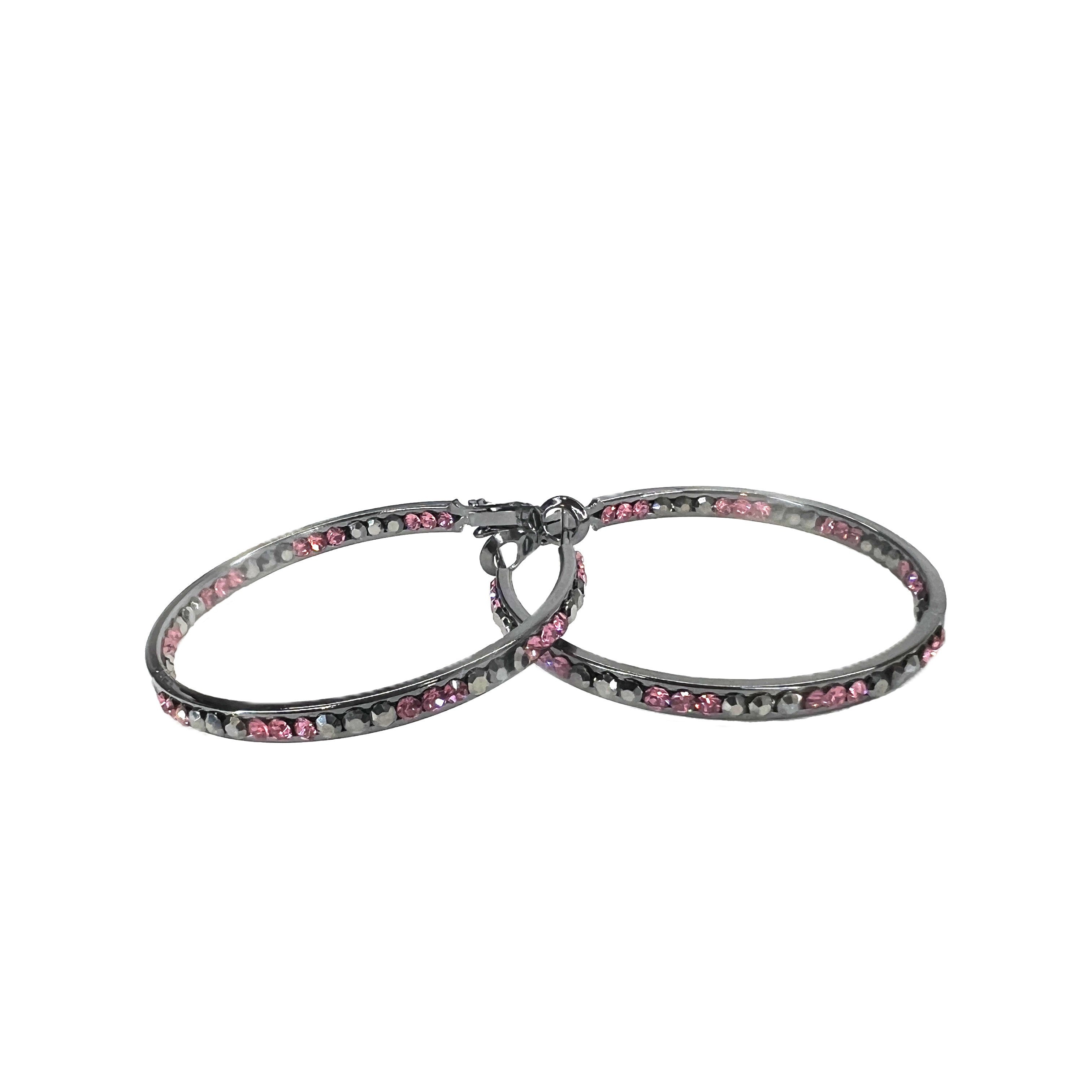 EARRING 40MM ROUND CRYSTAL HOOPS BLACK/PINK