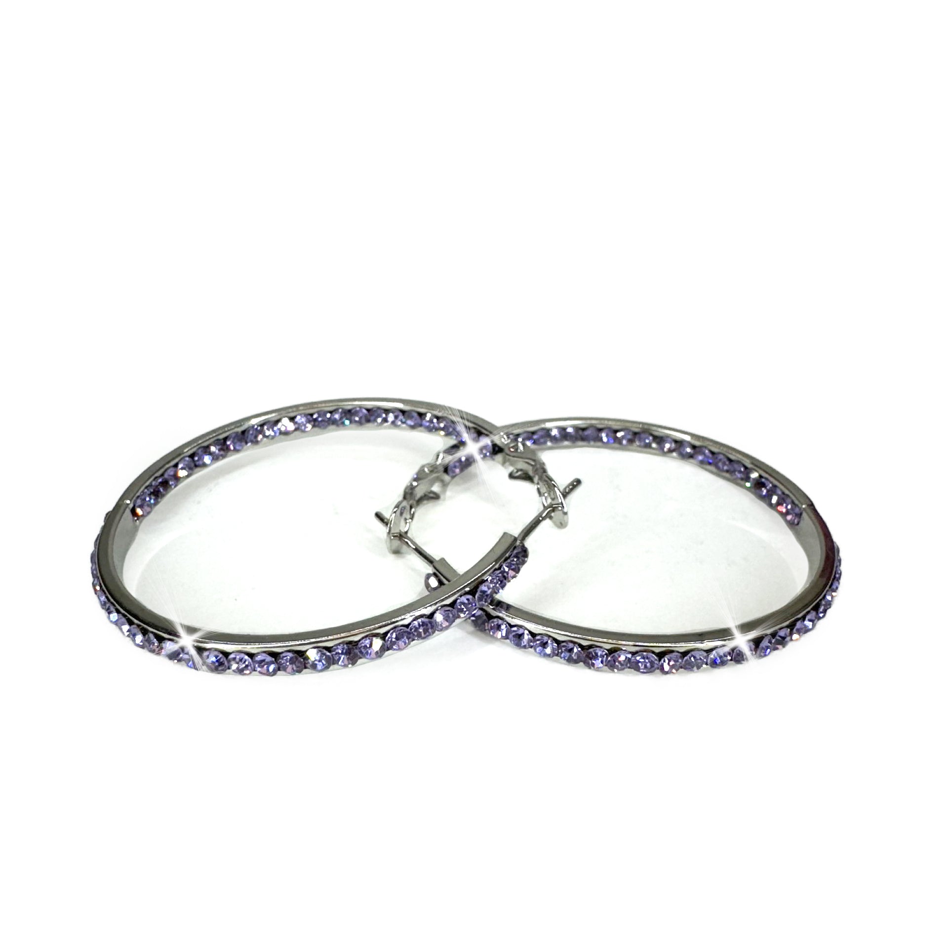 EARRING 40MM ROUND CRYSTAL HOOPS SILVER/PURPLE