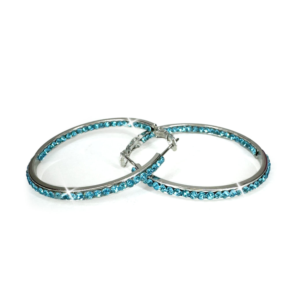 EARRING 40MM ROUND CRYSTAL HOOPS SILVER/TURQUOISE