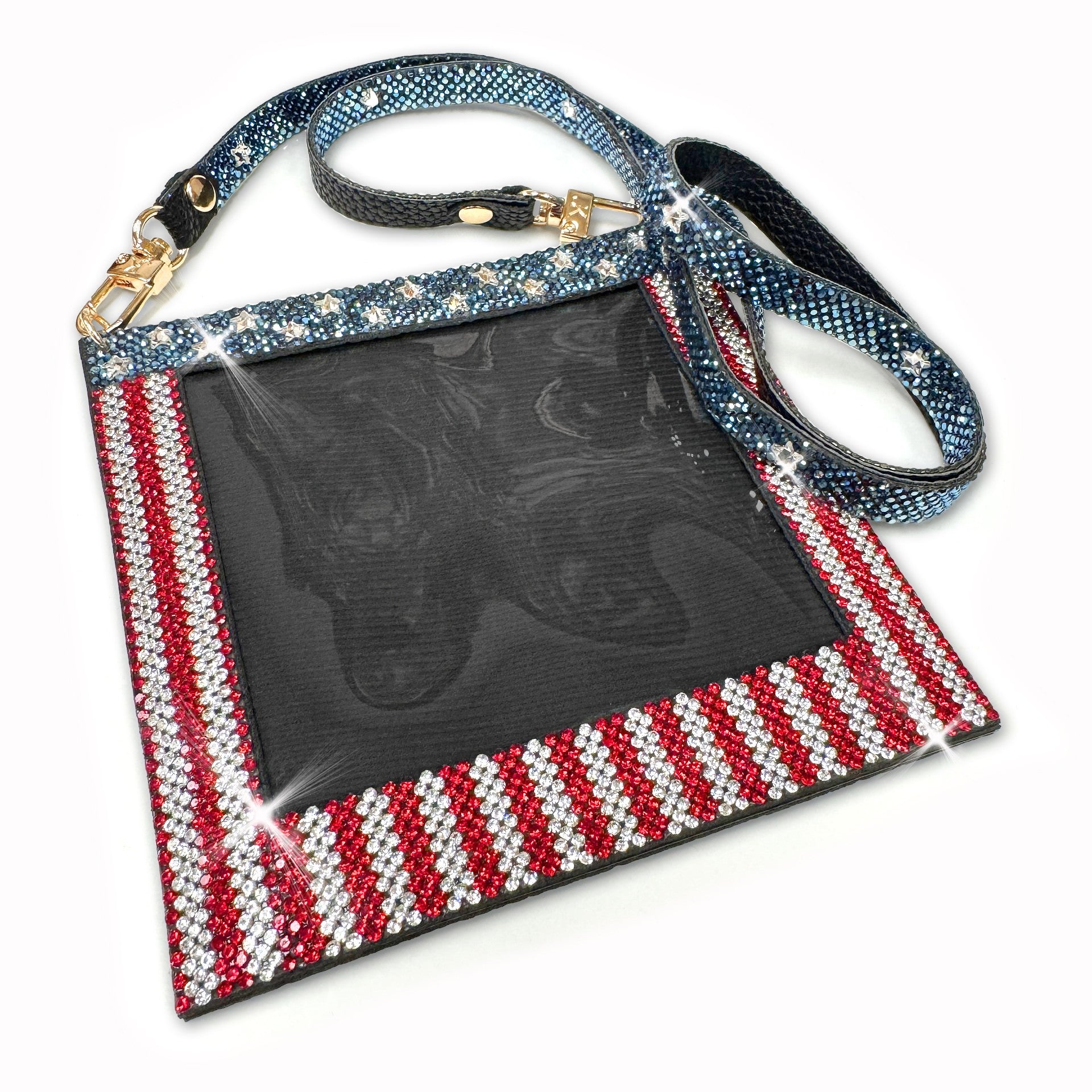 Clear pouch with American flag design and glittery strap on a white background