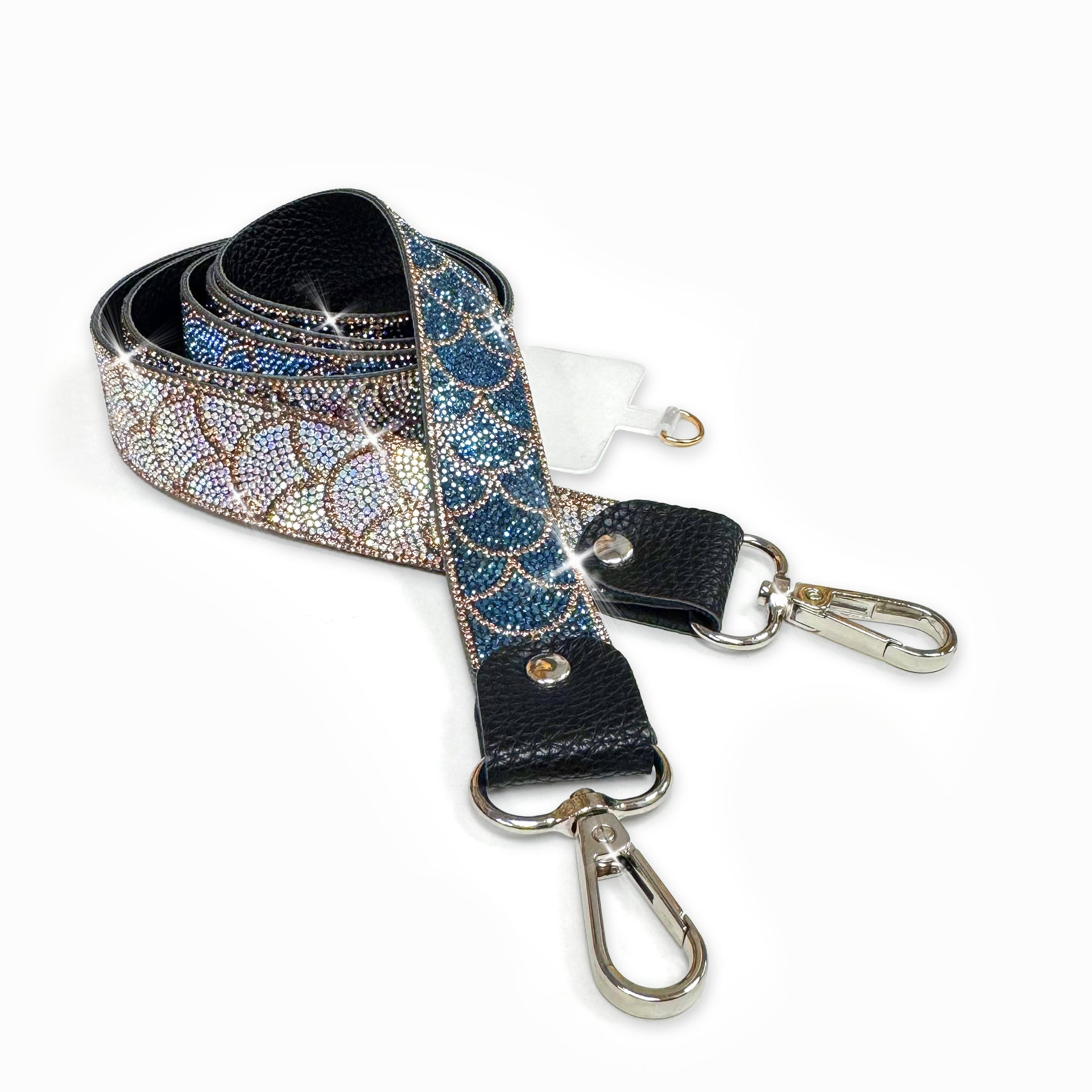 Phone lanyard with mermaid scale pattern in navy, blue, and silver rhinestones with gold crystal details.