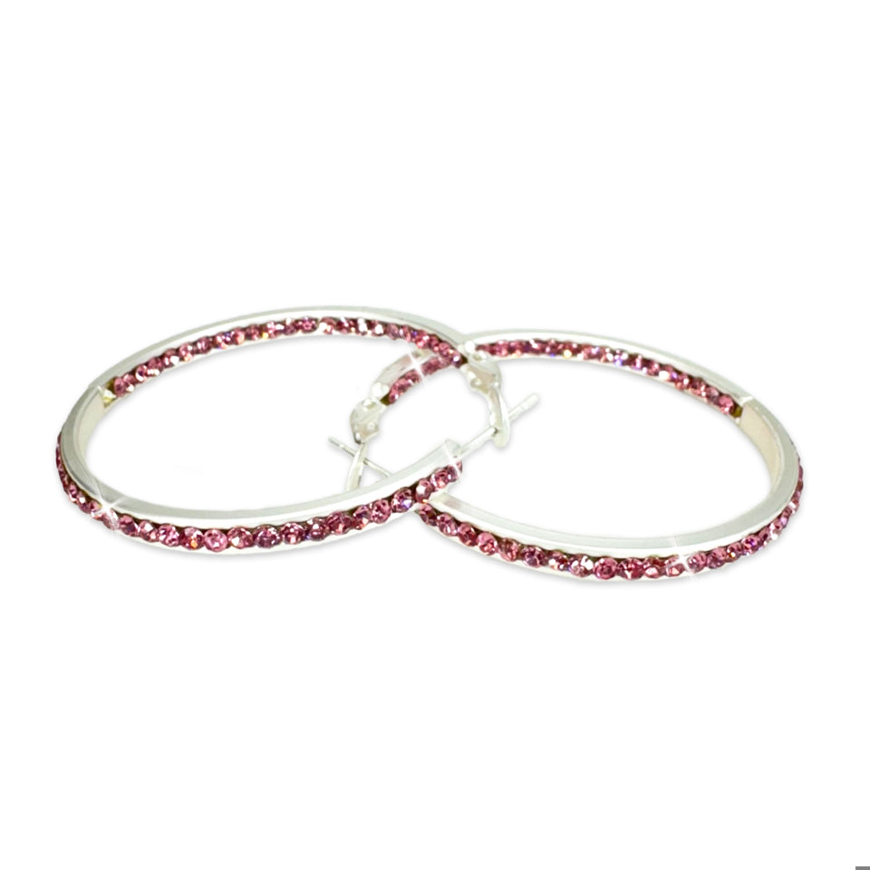 EARRING 40MM ROUND CRYSTAL HOOPS SILVER/PINK