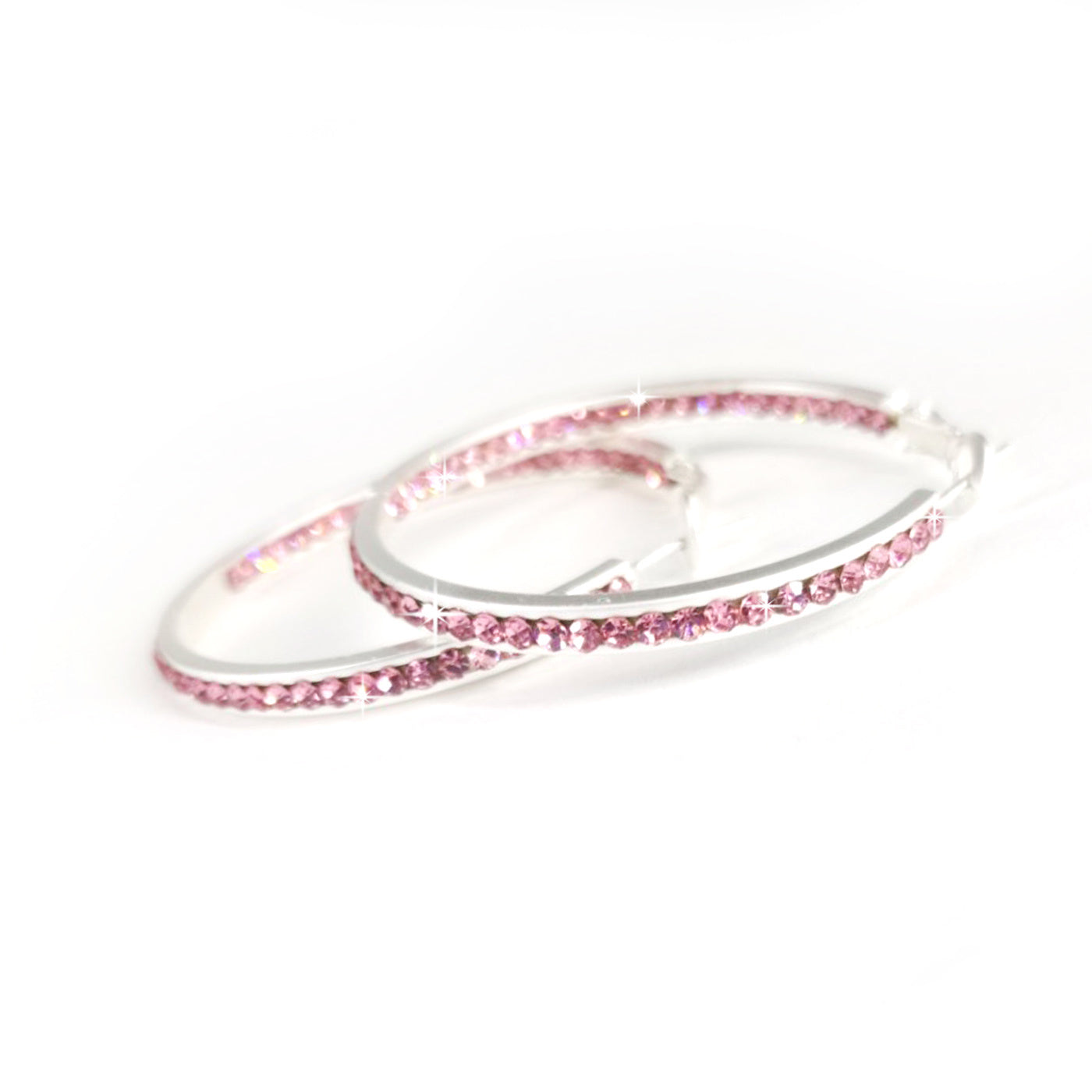 EARRING 30MM ROUND CRYSTAL HOOPS SILVER/PINK