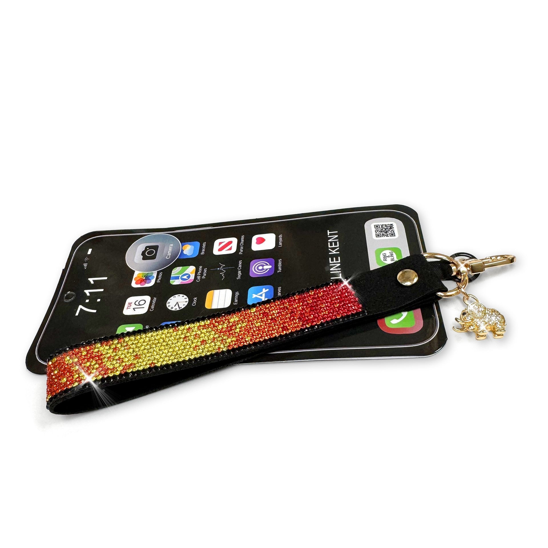 Phone wrist lanyard with colourful rhinestone strap in red, orange and yellow sunset ombre pattern with elephant charm on a white background
