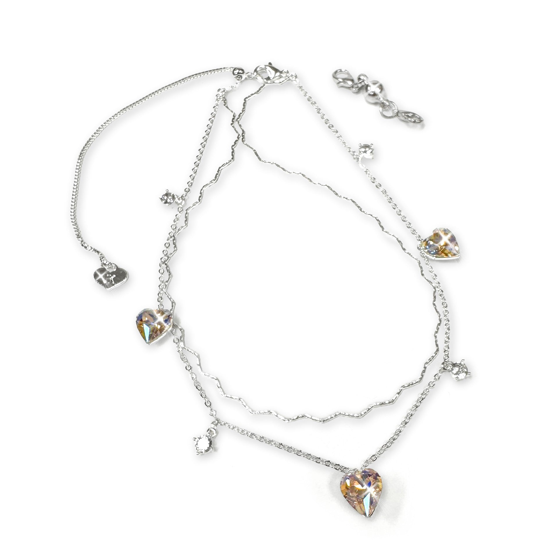 Jacqueline Kent Silver Multi Heart Crystal Drop Anklet