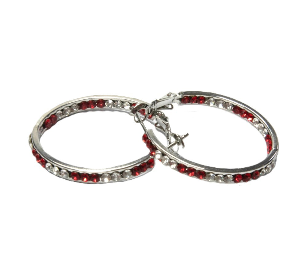 EARRING 40MM ROUND CRYSTAL HOOPS SILVER/RED