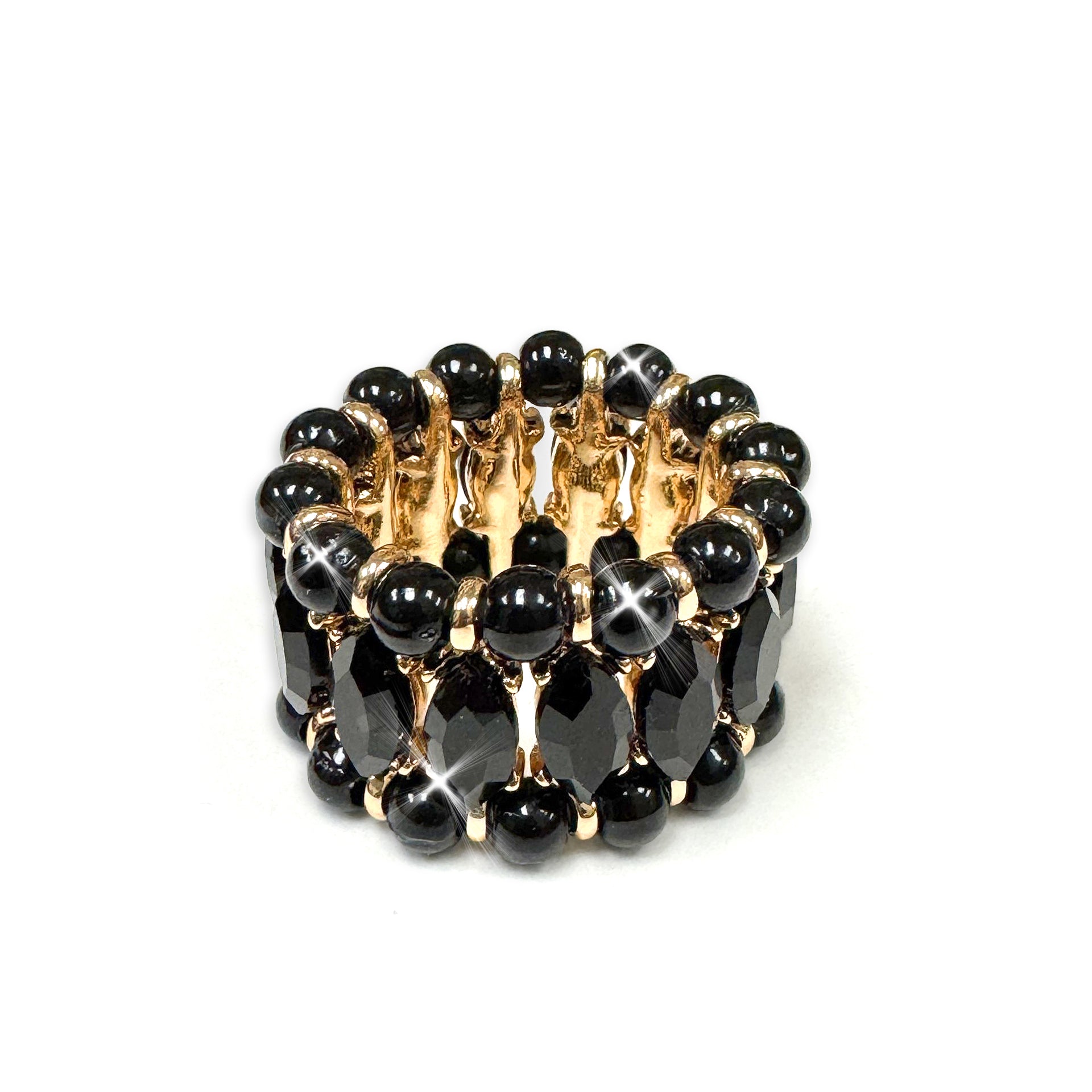 Black beaded stretch ring with gold accents on a white background