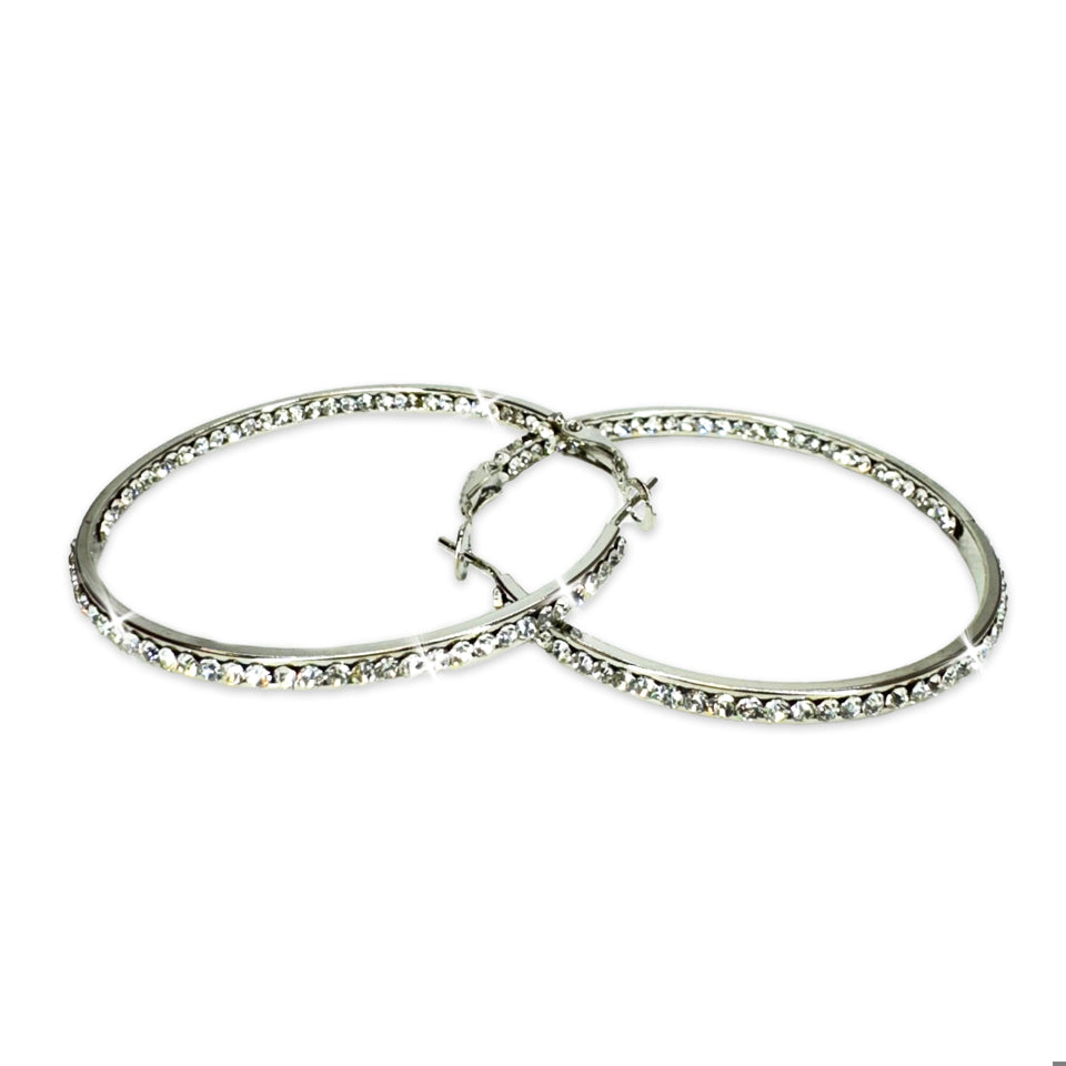 EARRING 50MM INSIDE OUT CRYSTAL HOOP SILVER