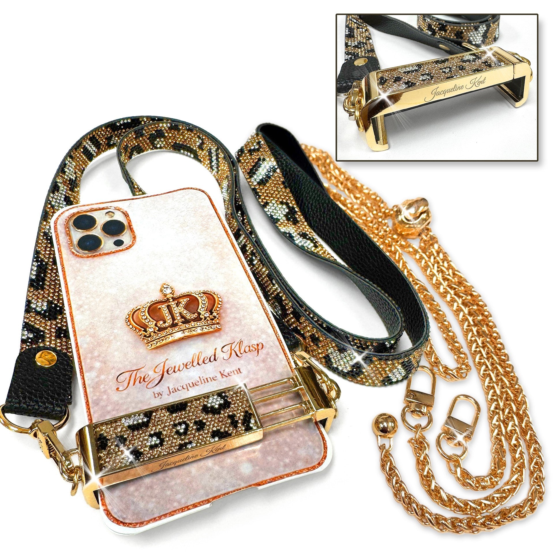 Jacqueline Kent Jeweled Klasp Crossbody Phone Lanyard Leopard Gold