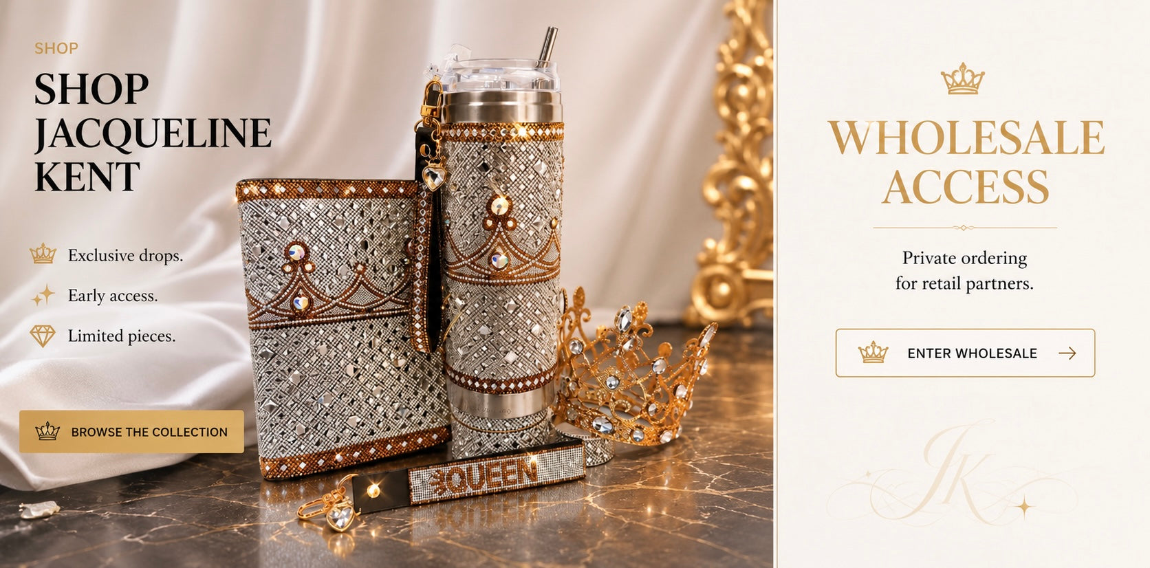 Decorative tumbler and notebook with embellishments on a marble surface, promotional banner for Jacqueline Kent.