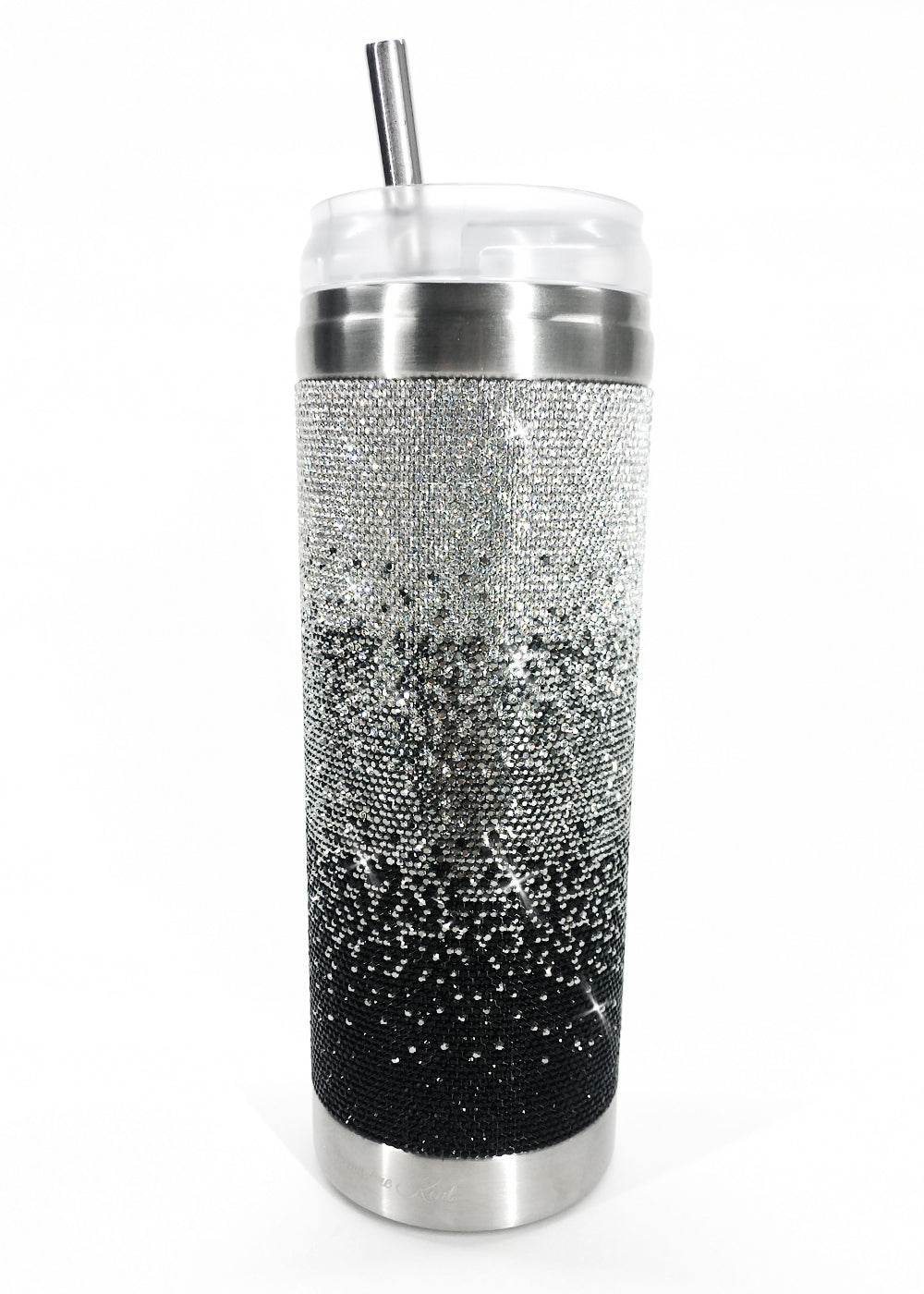 Tumbler with black ombre crystal rhinestone design on a white background