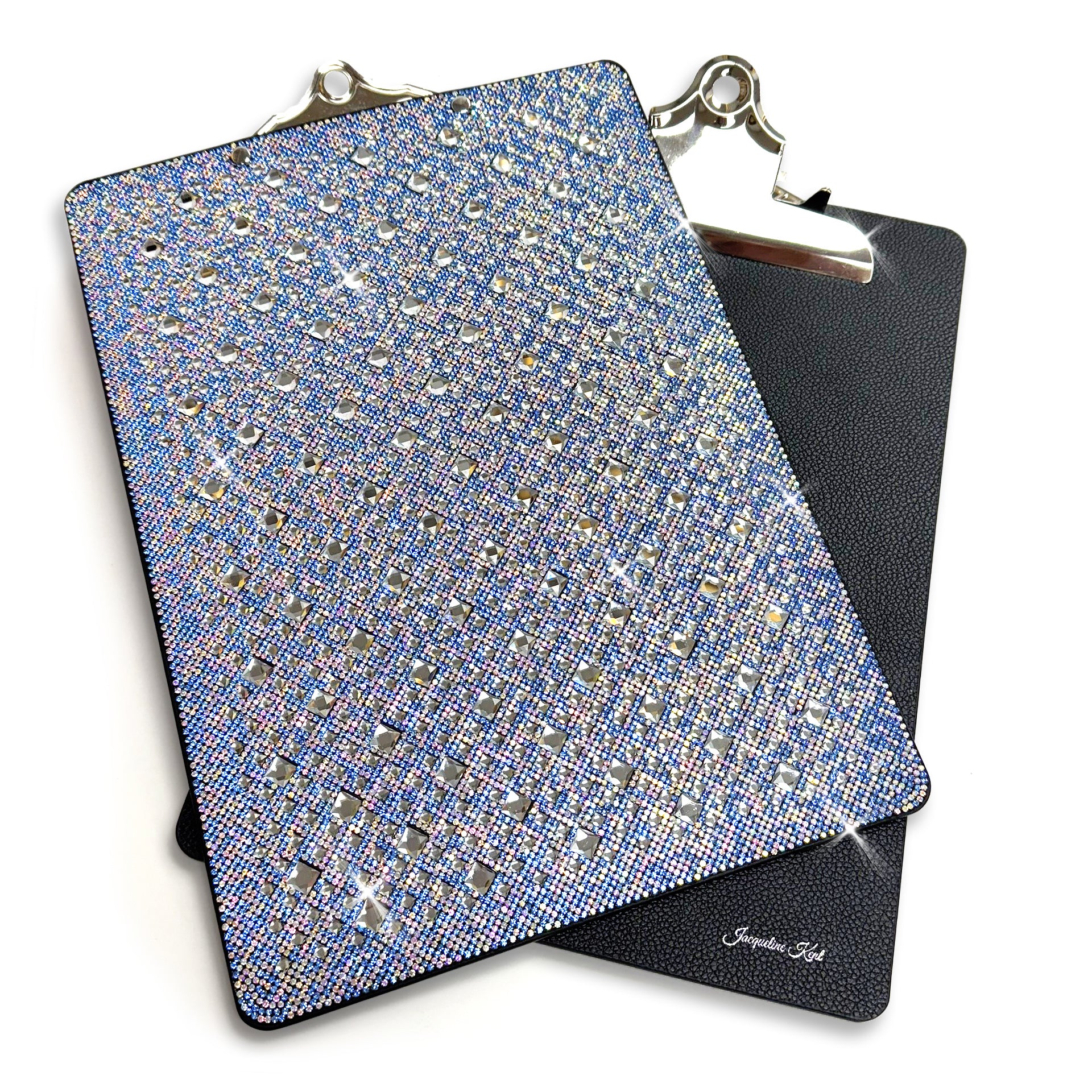 Clipboard with blue rhinestone cover on a white background