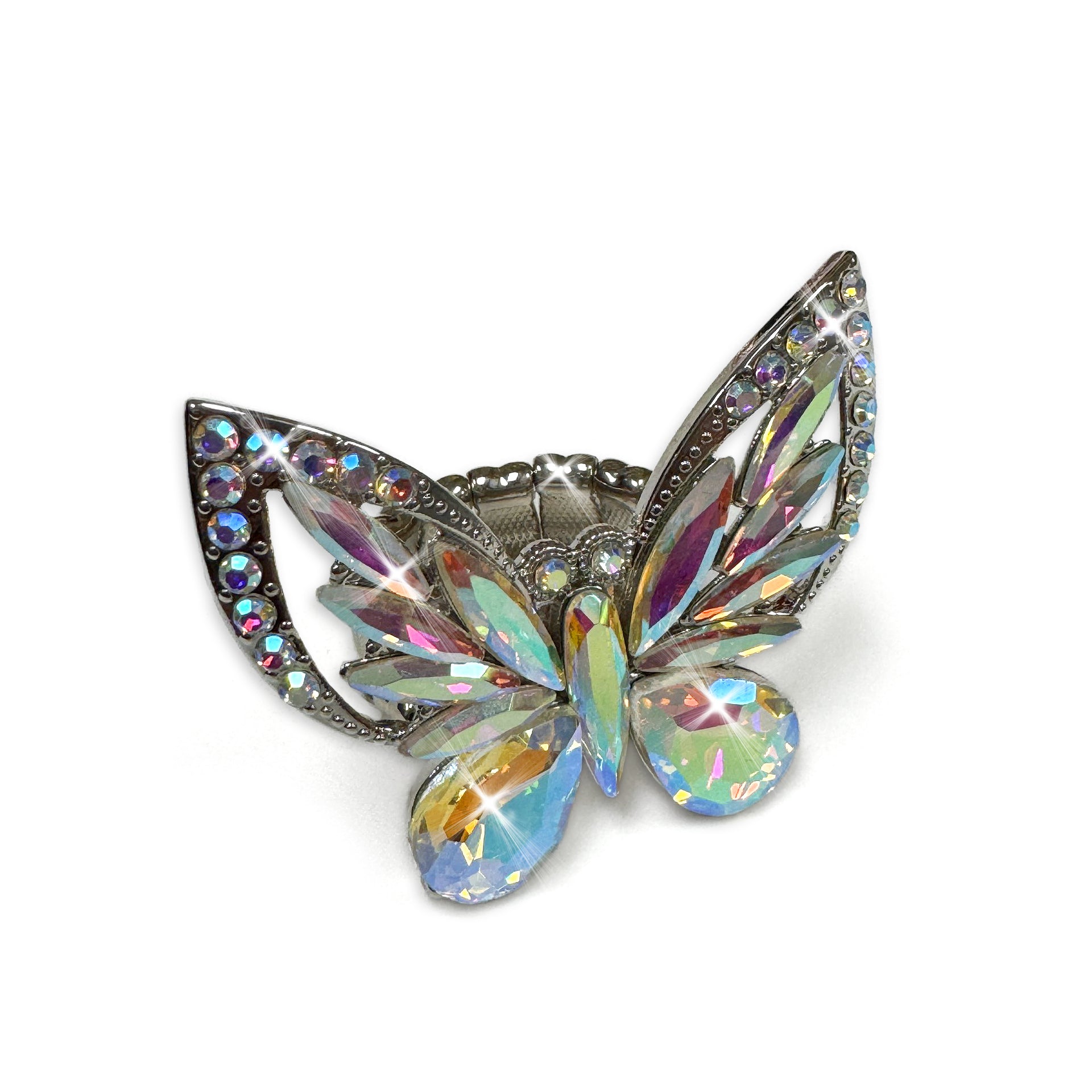 Butterfly-shaped ring with aab crystals on a white background