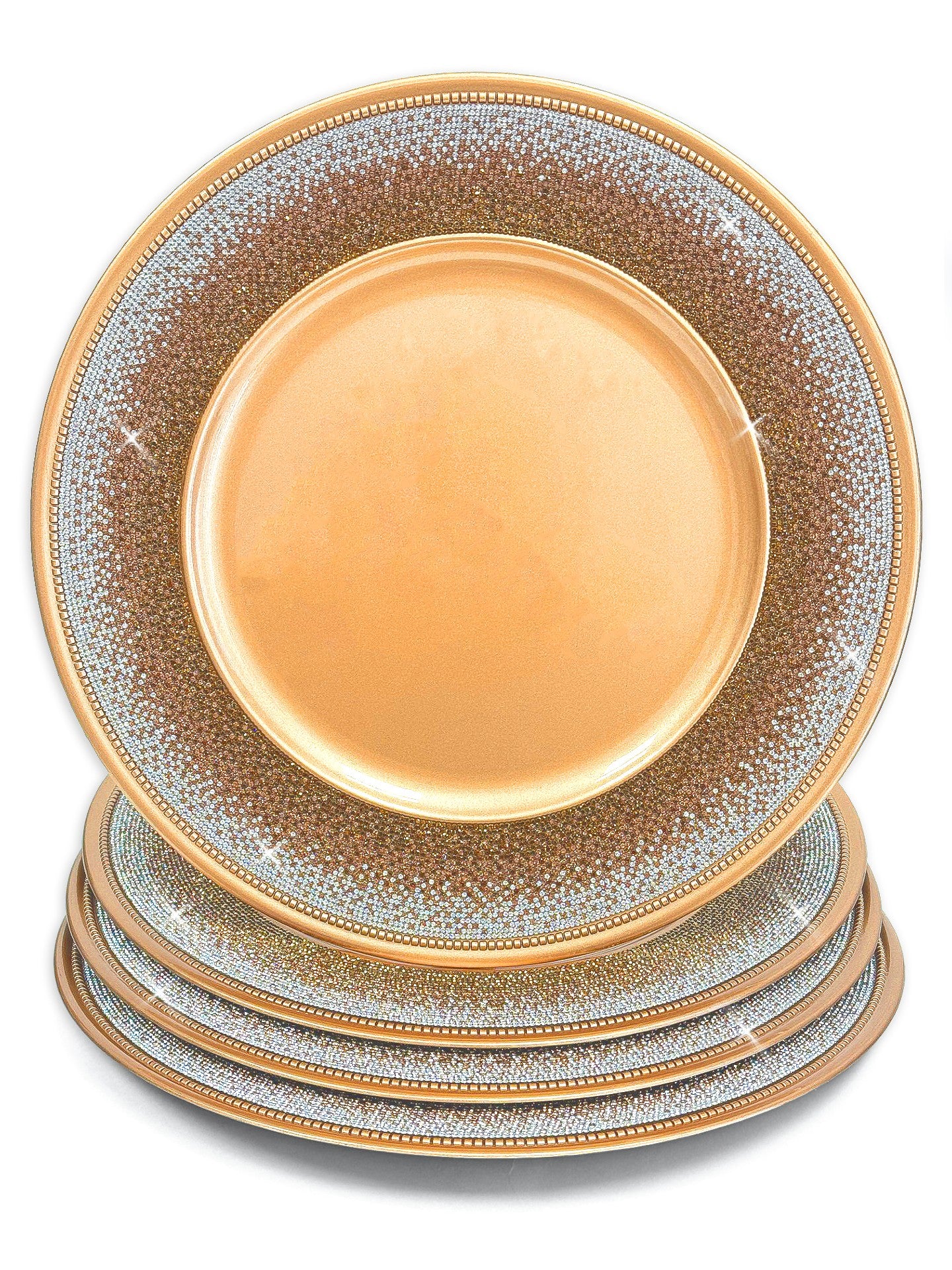 A stack of round decorative charger plates with a gold to silver ombre crystal rhinestones glitter pattern, set against a plain white background.