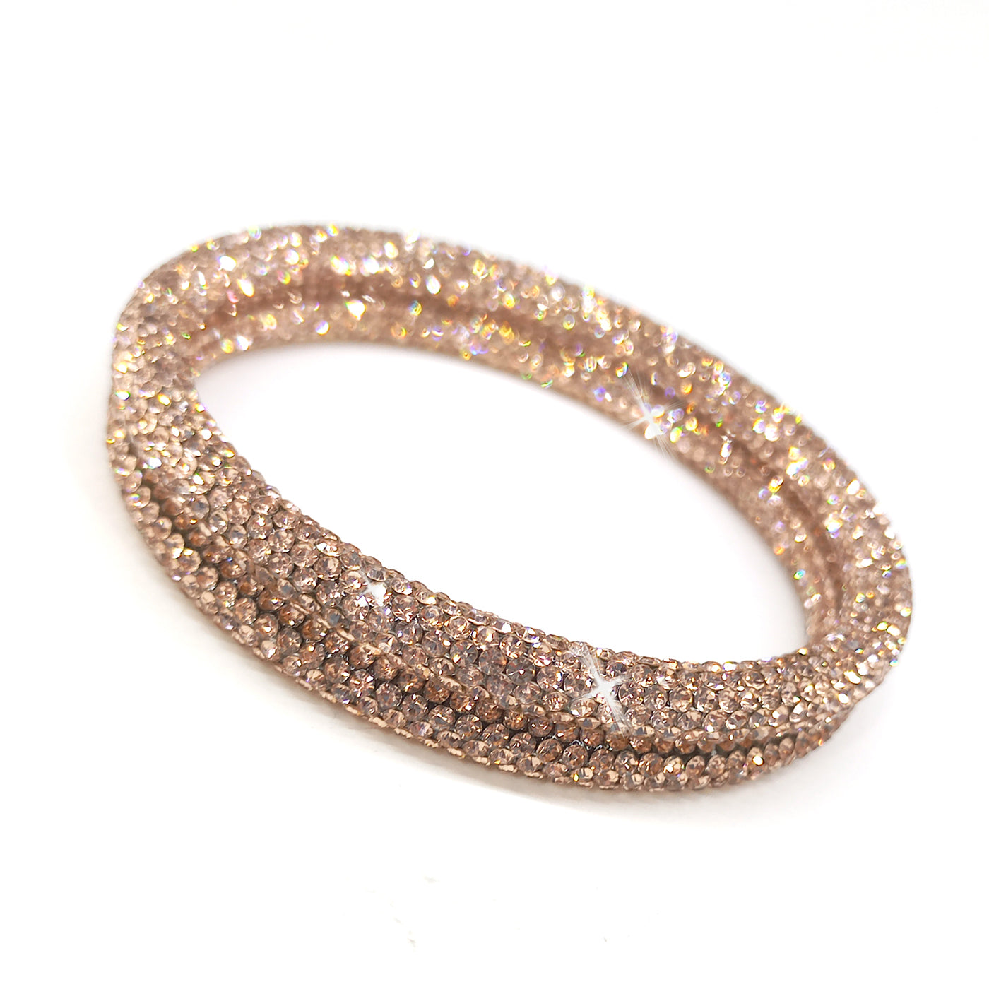 Rose gold rhinestone bangle bracelets on a white background