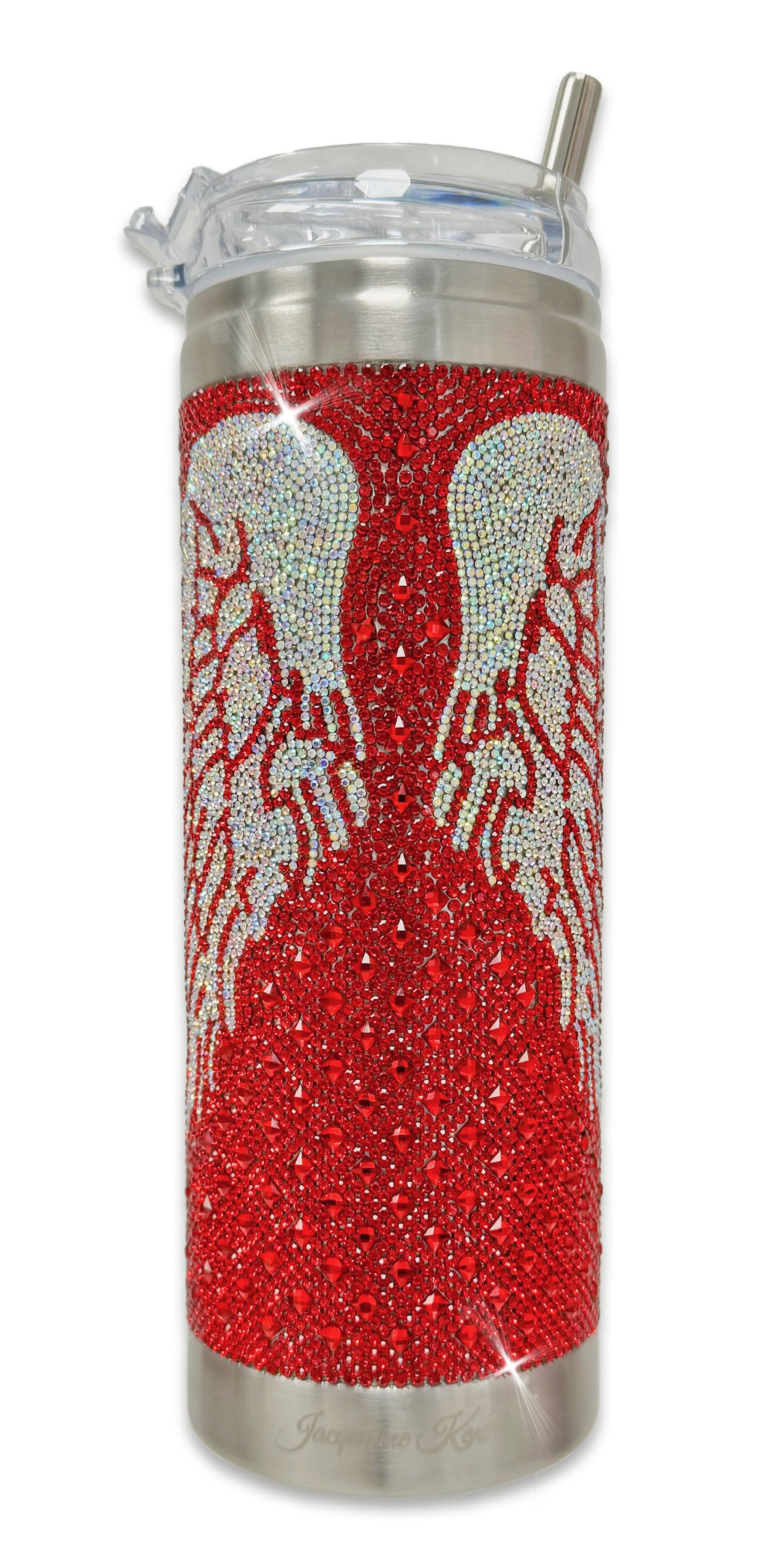 Tumbler with angel wings design in red and ab rhinestones on a white background