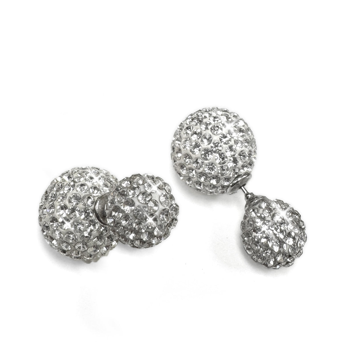 Silver earrings with a sparkling double bubble design on a white background