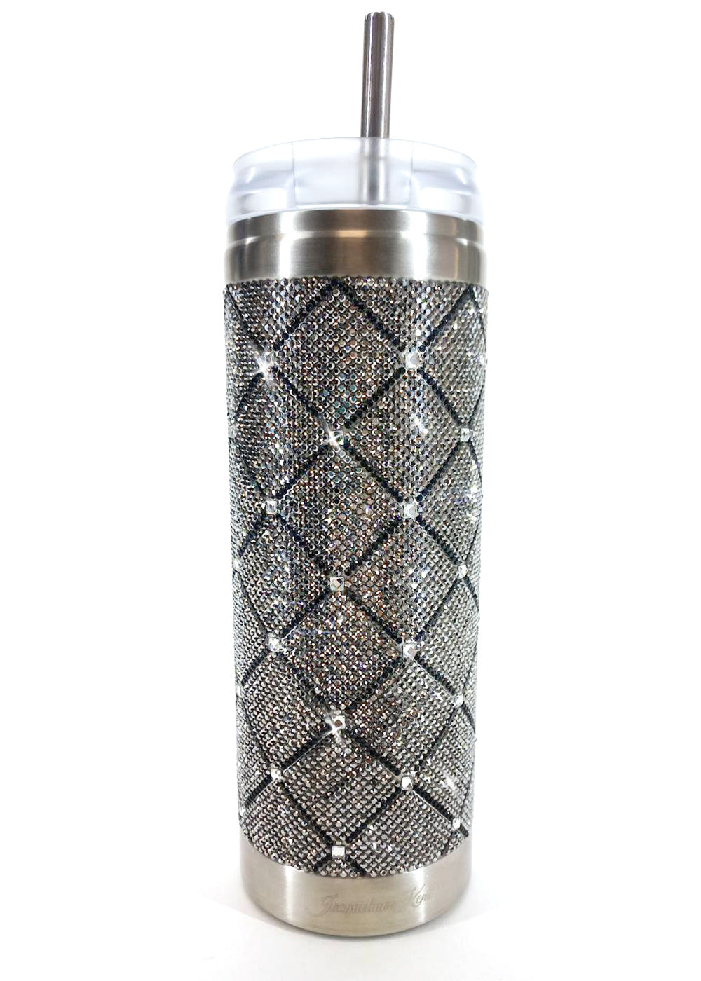 Hematite crystal tumbler with black diamond pattern and stainless steel straw on a white background