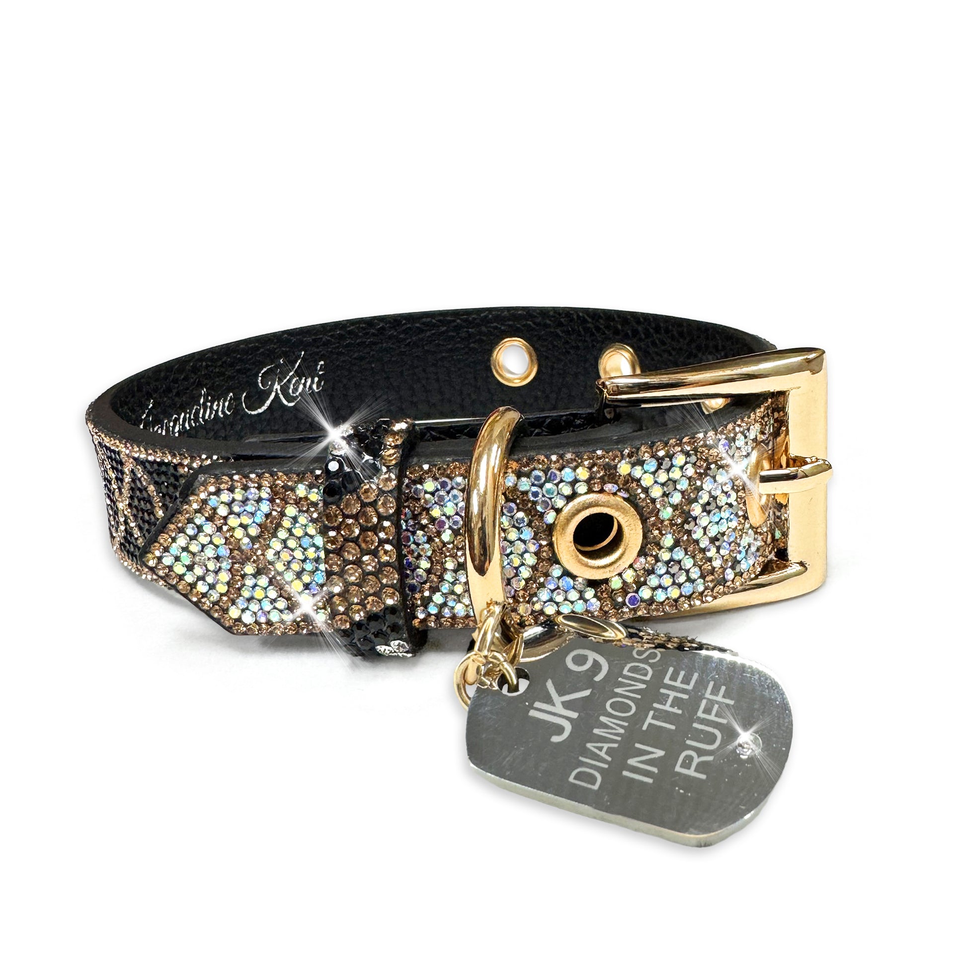 Decorative dog collar with crystals and gold accents on a white background