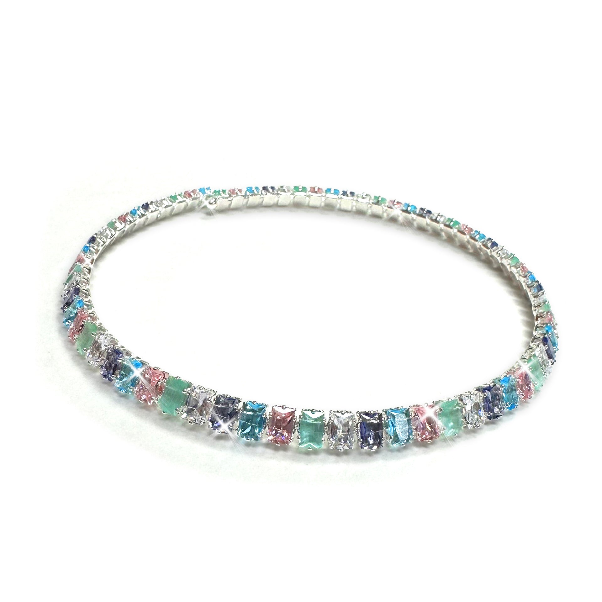 Multicolored crystal choker necklace on a white background