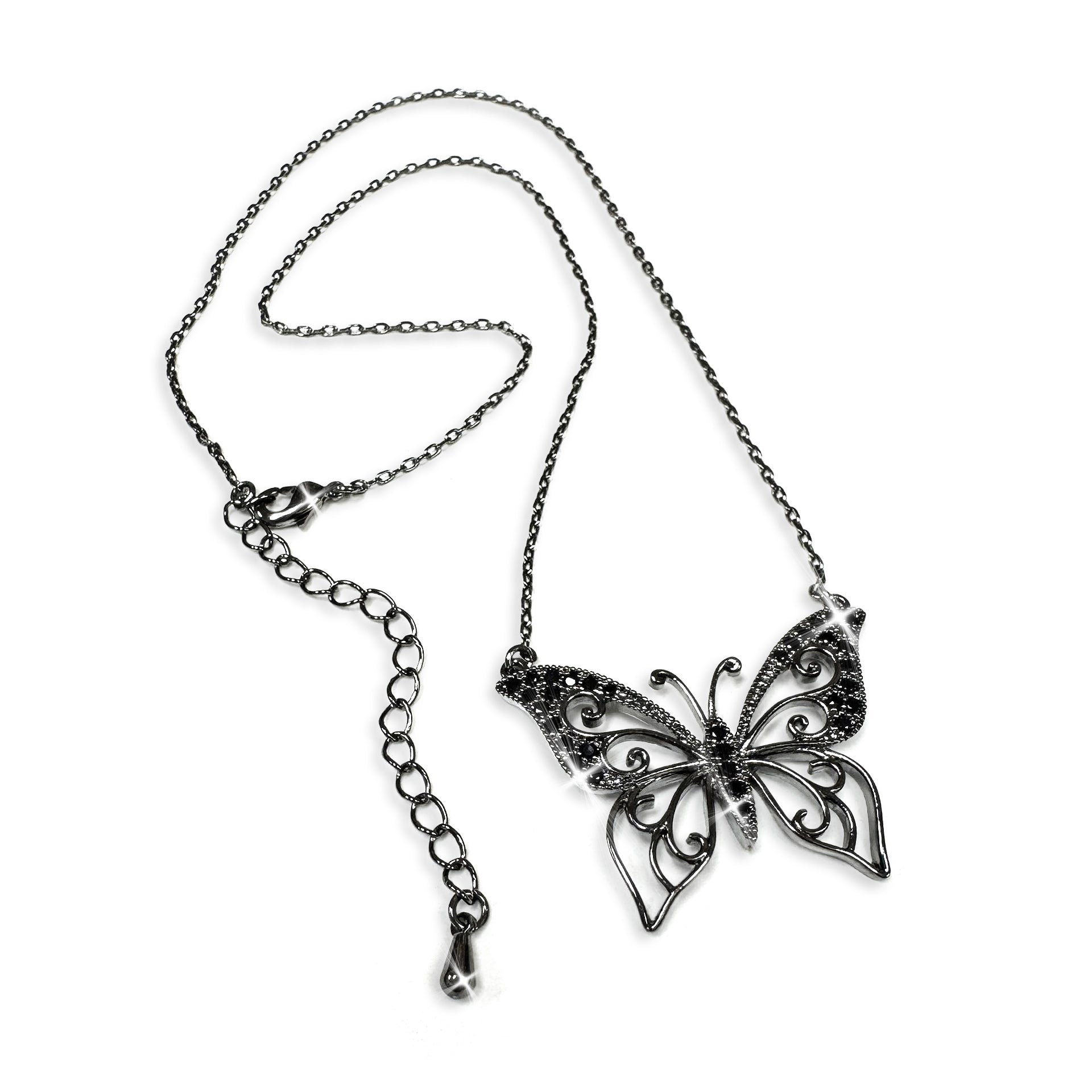 Butterfly necklace with intricate design on a white background