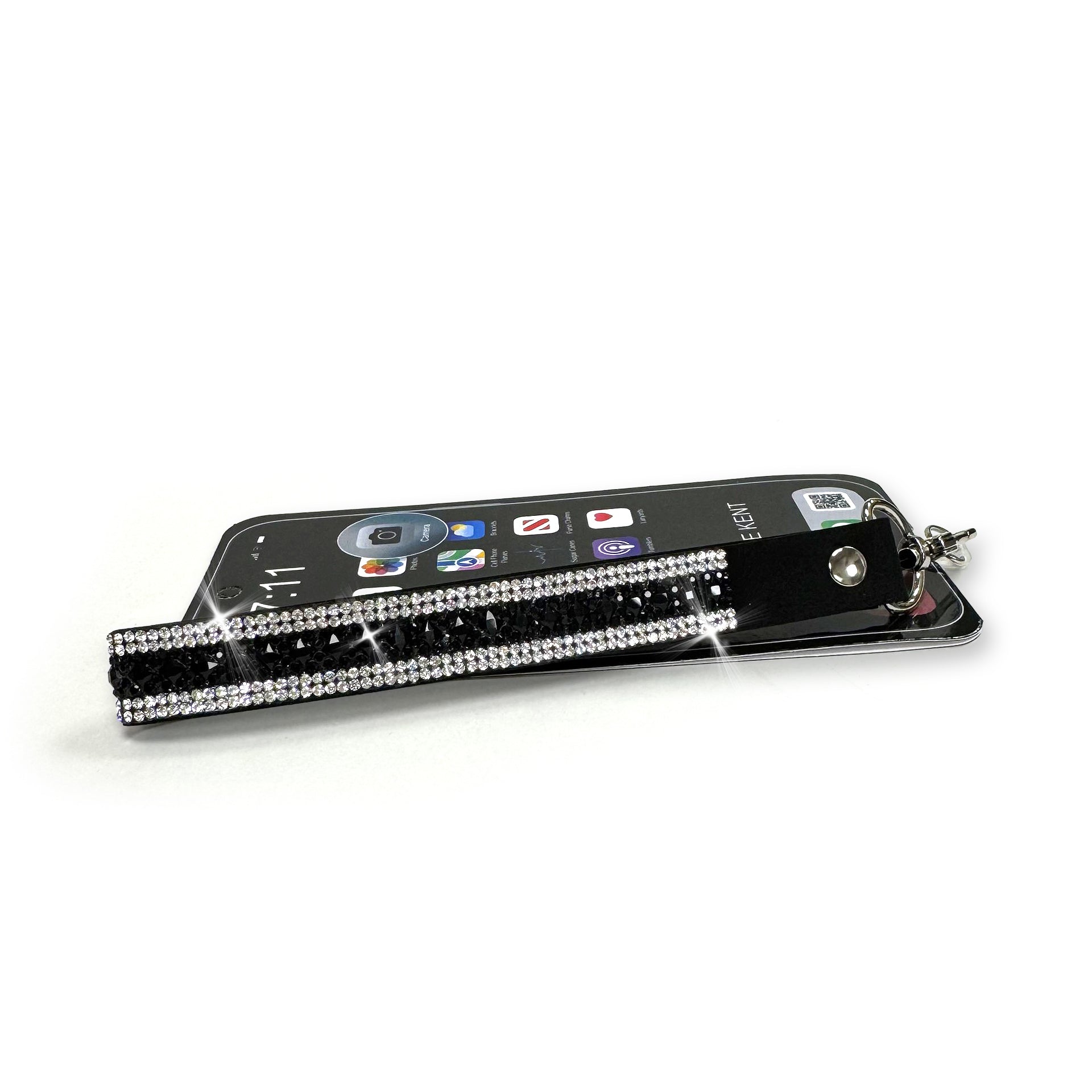 Phone wrist lanyard with rhinestone trim in black and clear white rhinestones on a white background