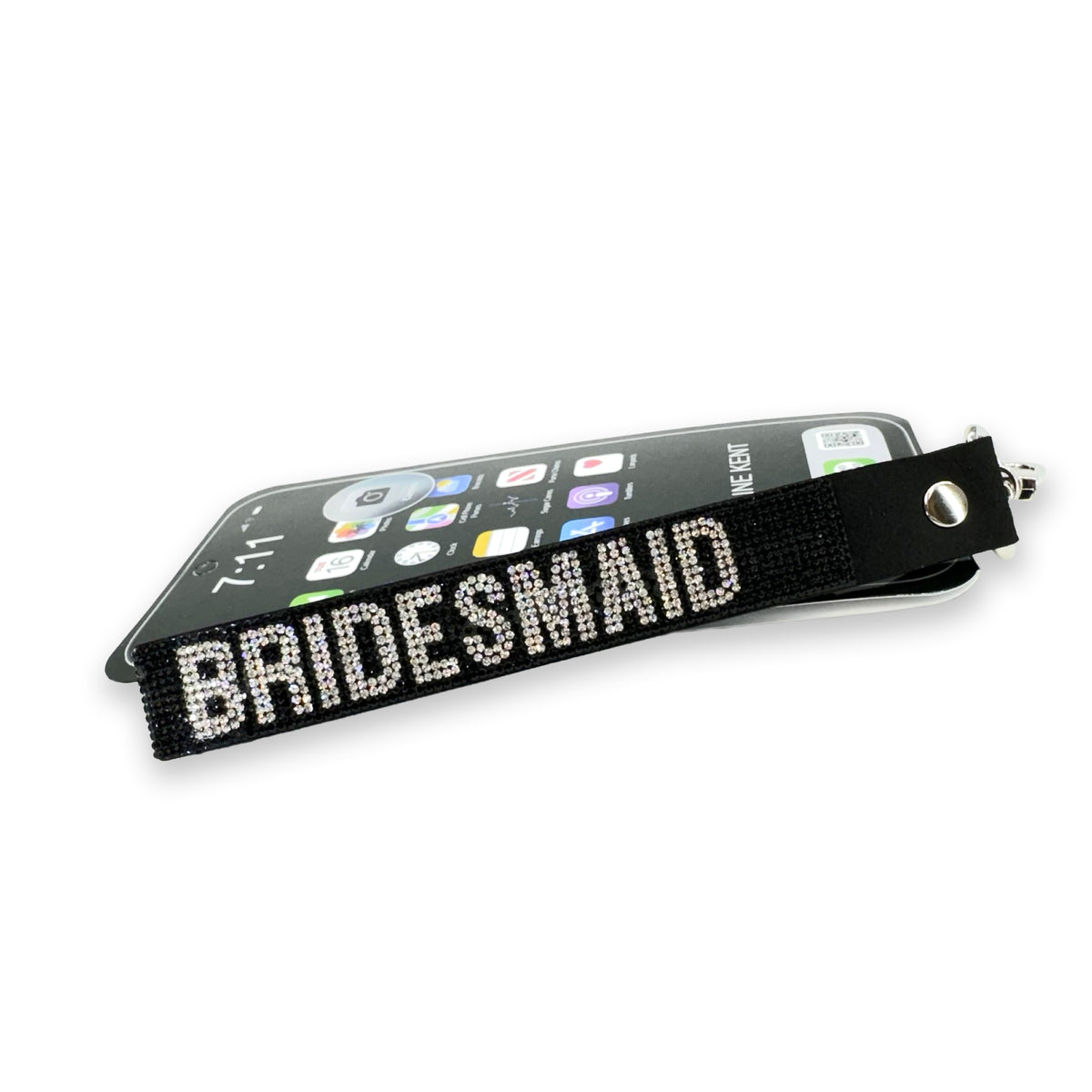 Phone/wrist lanyard in black and silver lettering that says Bridesmaid