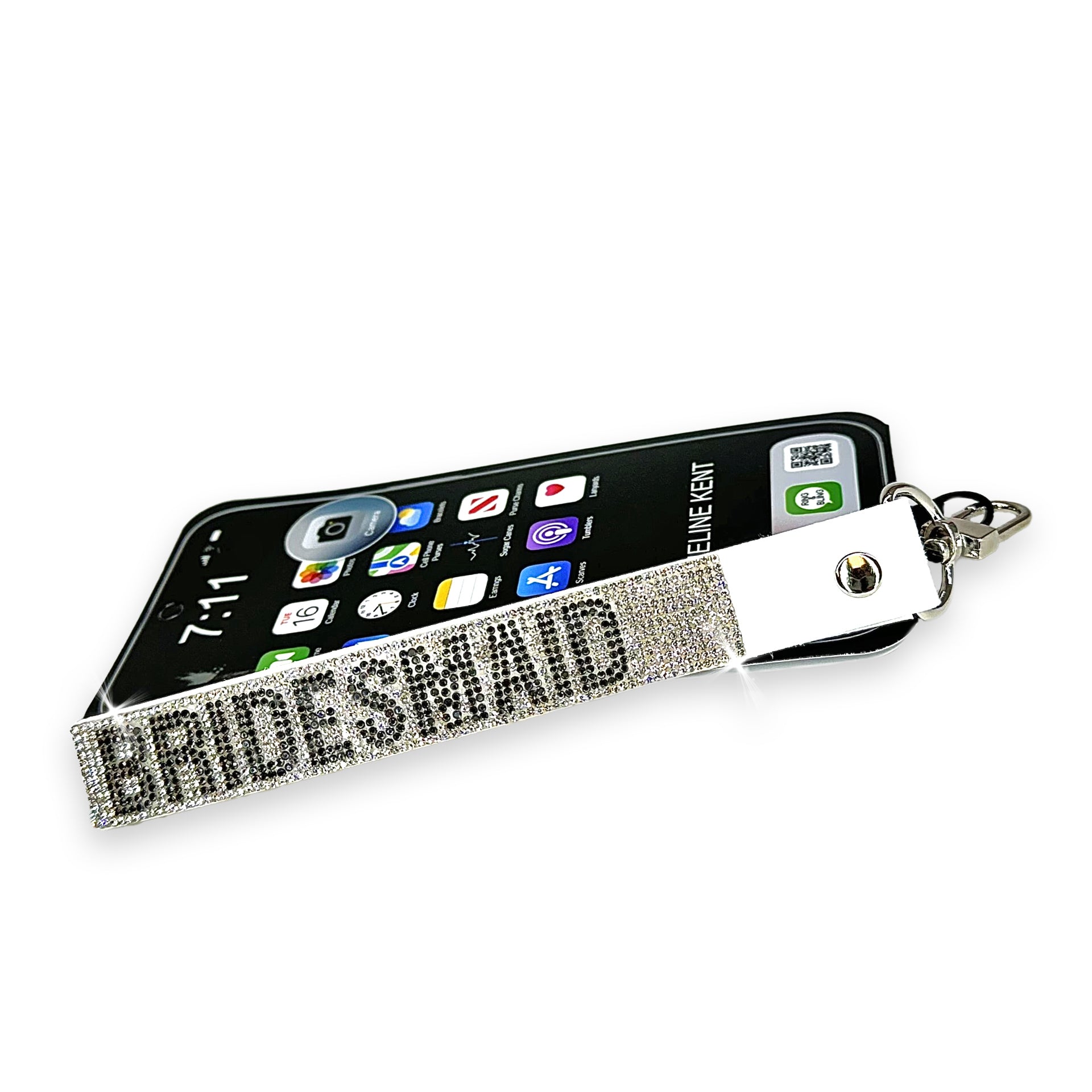 Phone wrist lanyard with 'Bridesmaid' in silver and black rhinestones on a white background