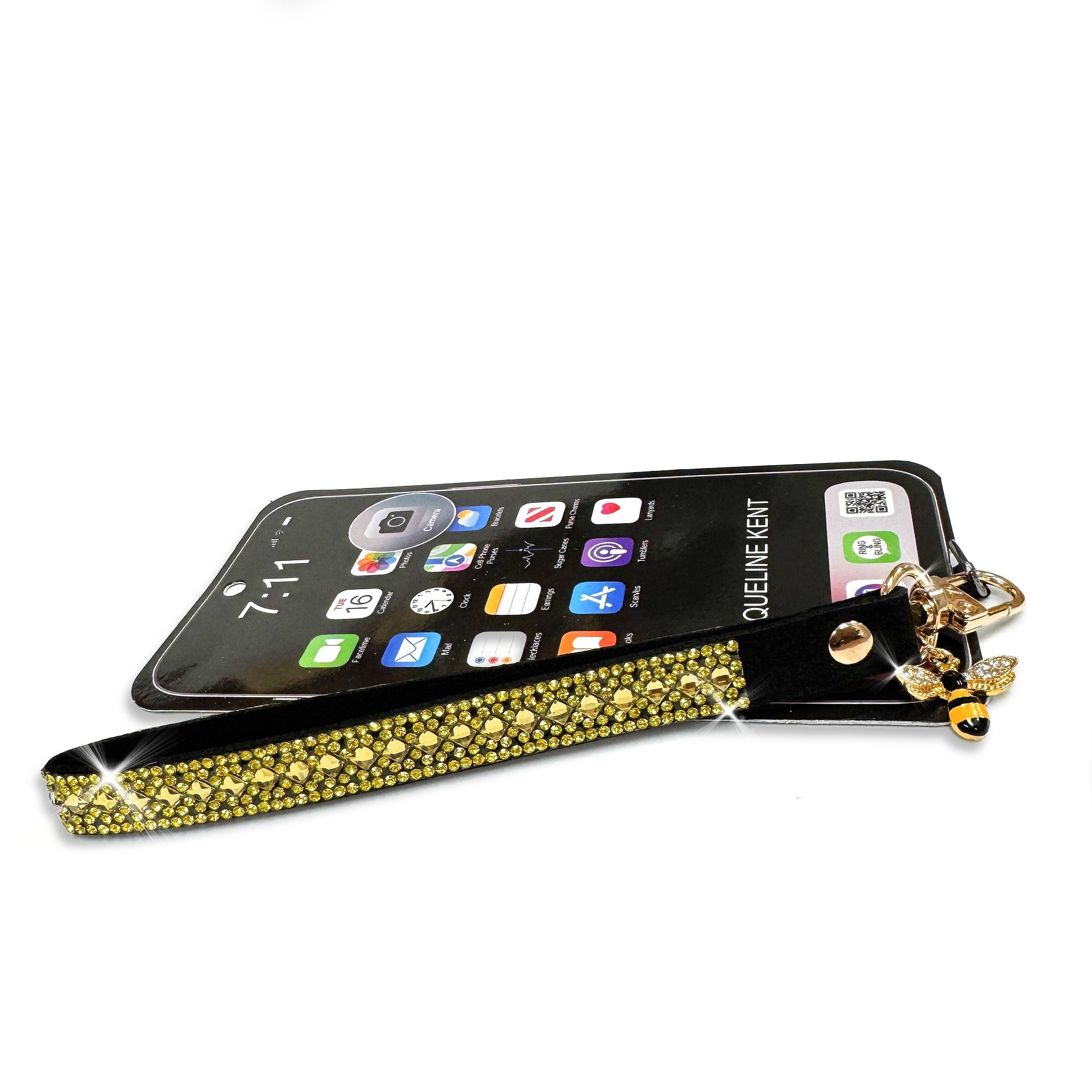 Phone wrist lanyard with yellow rhinestones and a bee charm on a white background