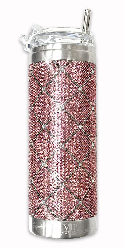 Pink diamond-patterned tumbler with silver accents on a white background