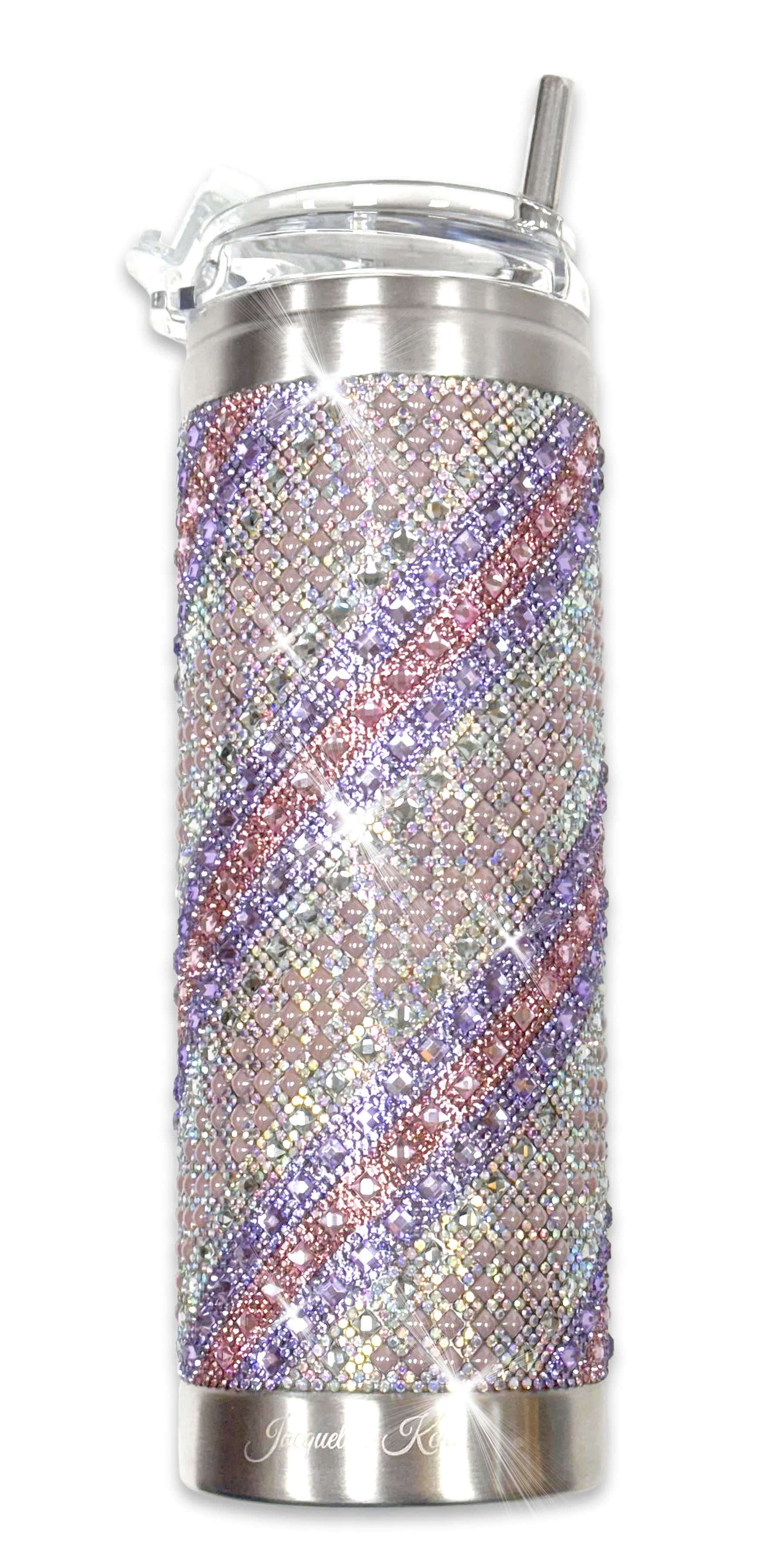 Jacqueline Kent insulated crystal rhinestone tumbler with a colourful swirl pattern in ab, silver, pink and purple on a white background