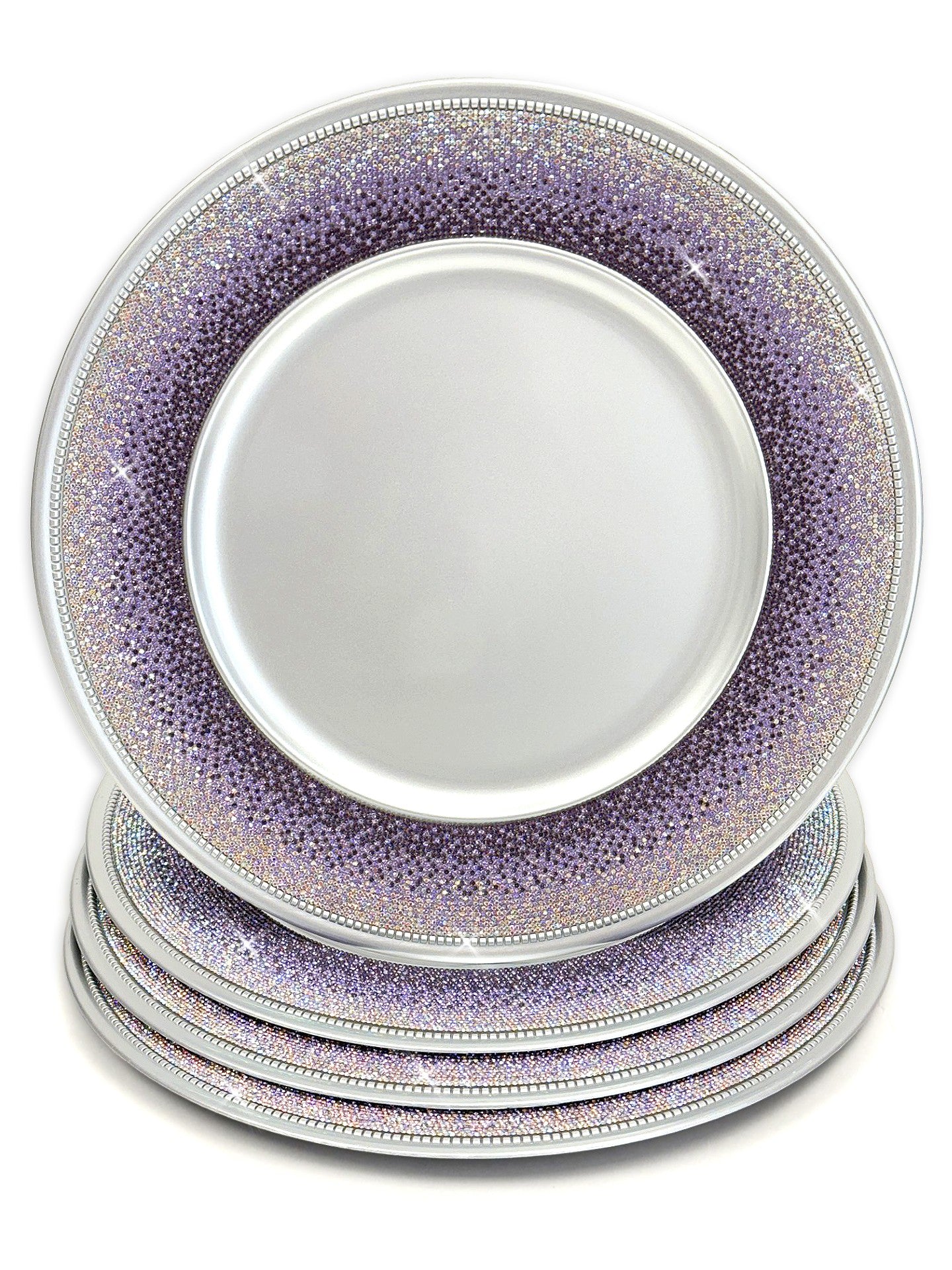 A stack of round decorative charger plates with a purple, lavender silver crystal rhinestones glitter pattern, set against a plain white background.