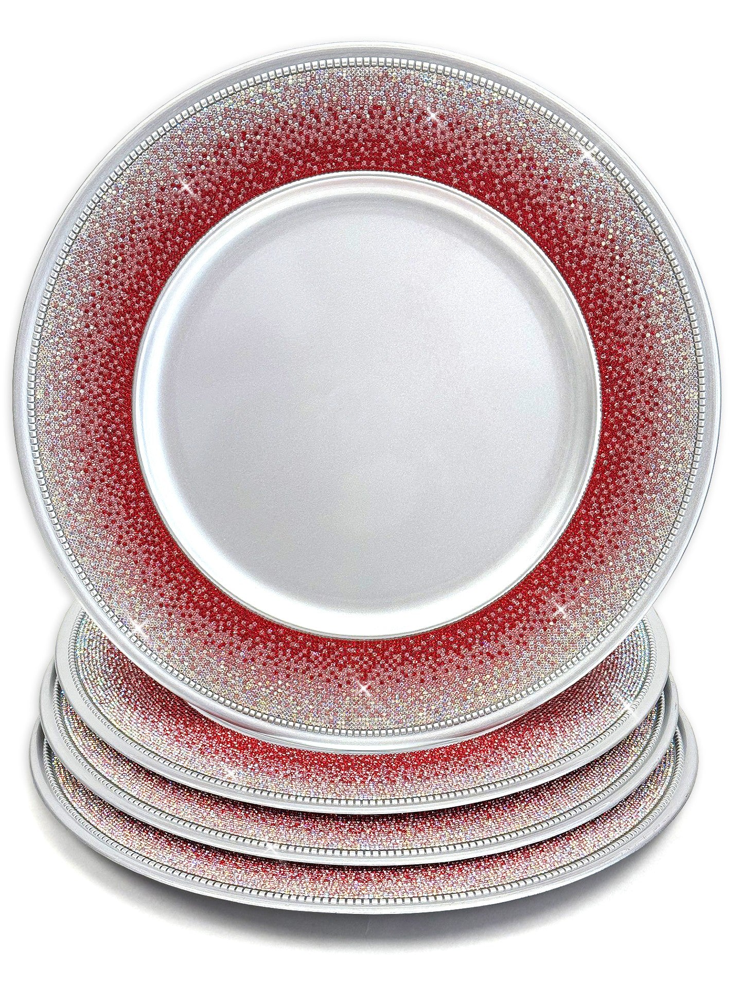 A stack of round decorative charger plates with a red to silver ombre crystal rhinestones glitter pattern, set against a plain white background.