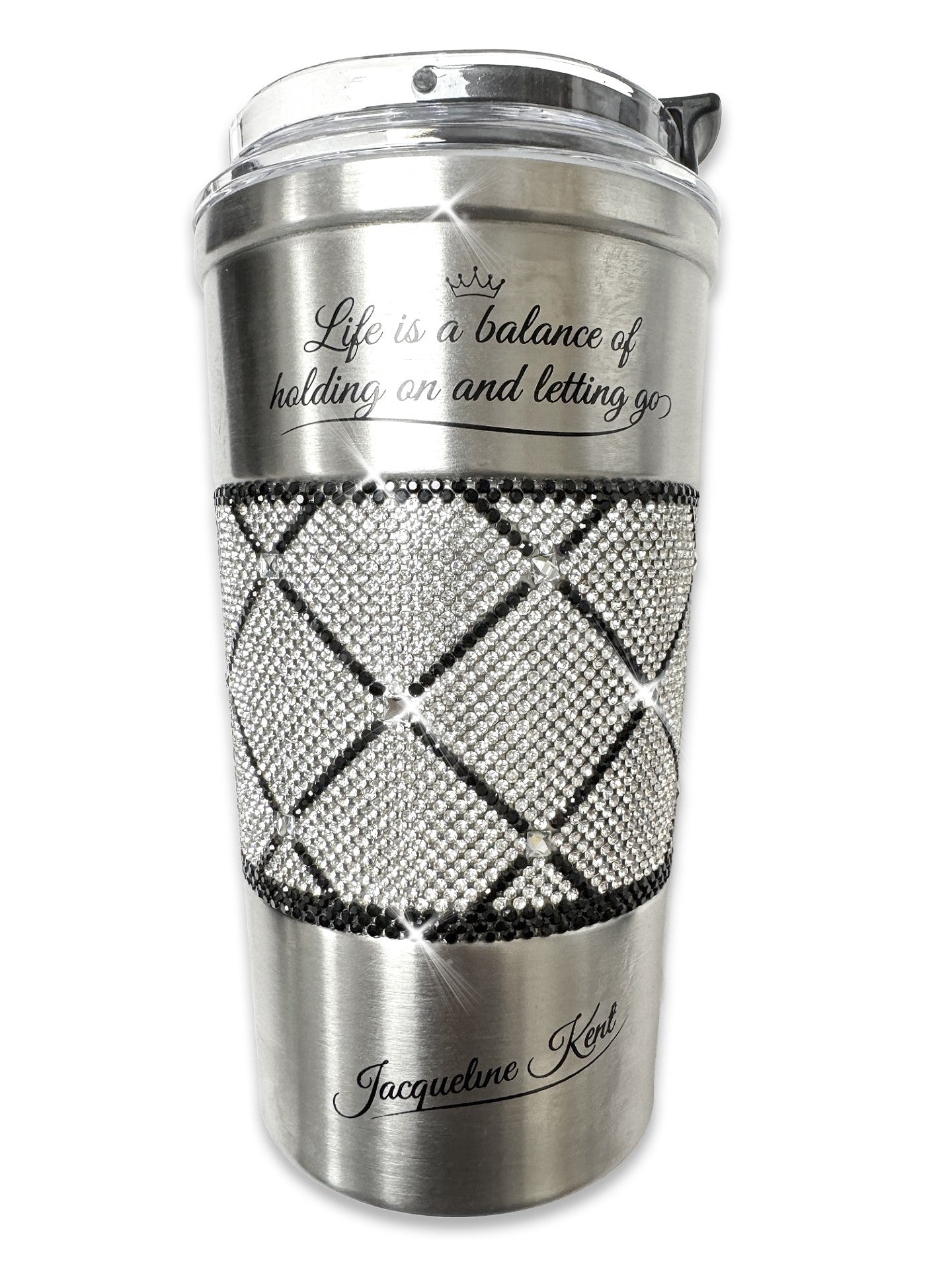 Jacqueline Kent incsulted coffee cup with silver and black rhinestone crystals in a diamond cross pattern. Inspirational message on cup says "Life is a balance of holding on and letting go" 