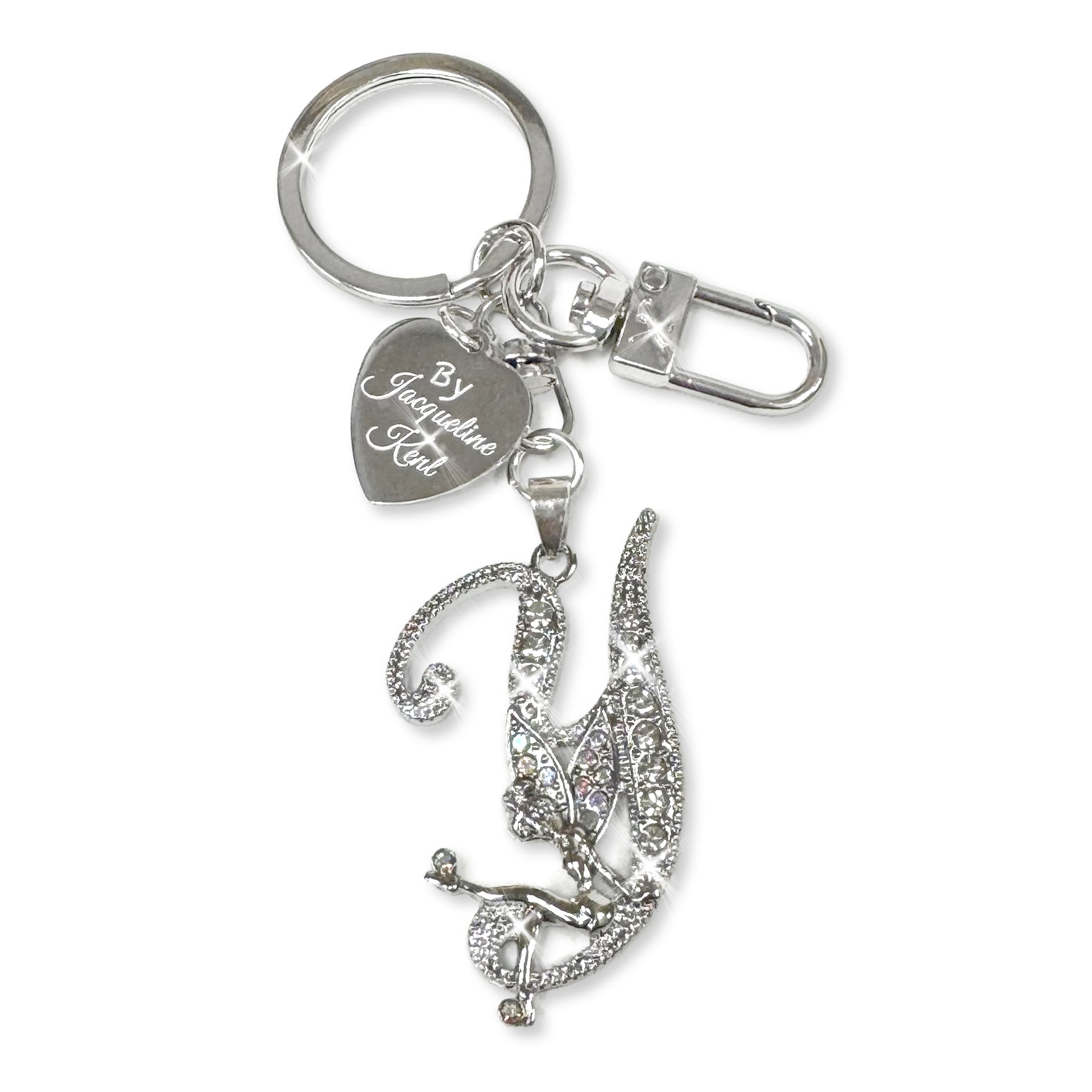 Silver and crystal embellished keychain with decorative letter 'Y' and heart-shaped Jacqueline Kent branded tag on a white background