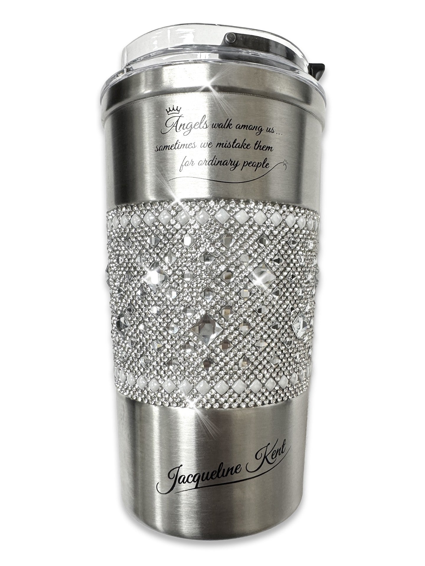 Jacqueline Kent insulated coffee cup in silver and pearl trim design. Inspirational message on cup says "Angles walk among us, sometimes we mistake them for ordinary people"