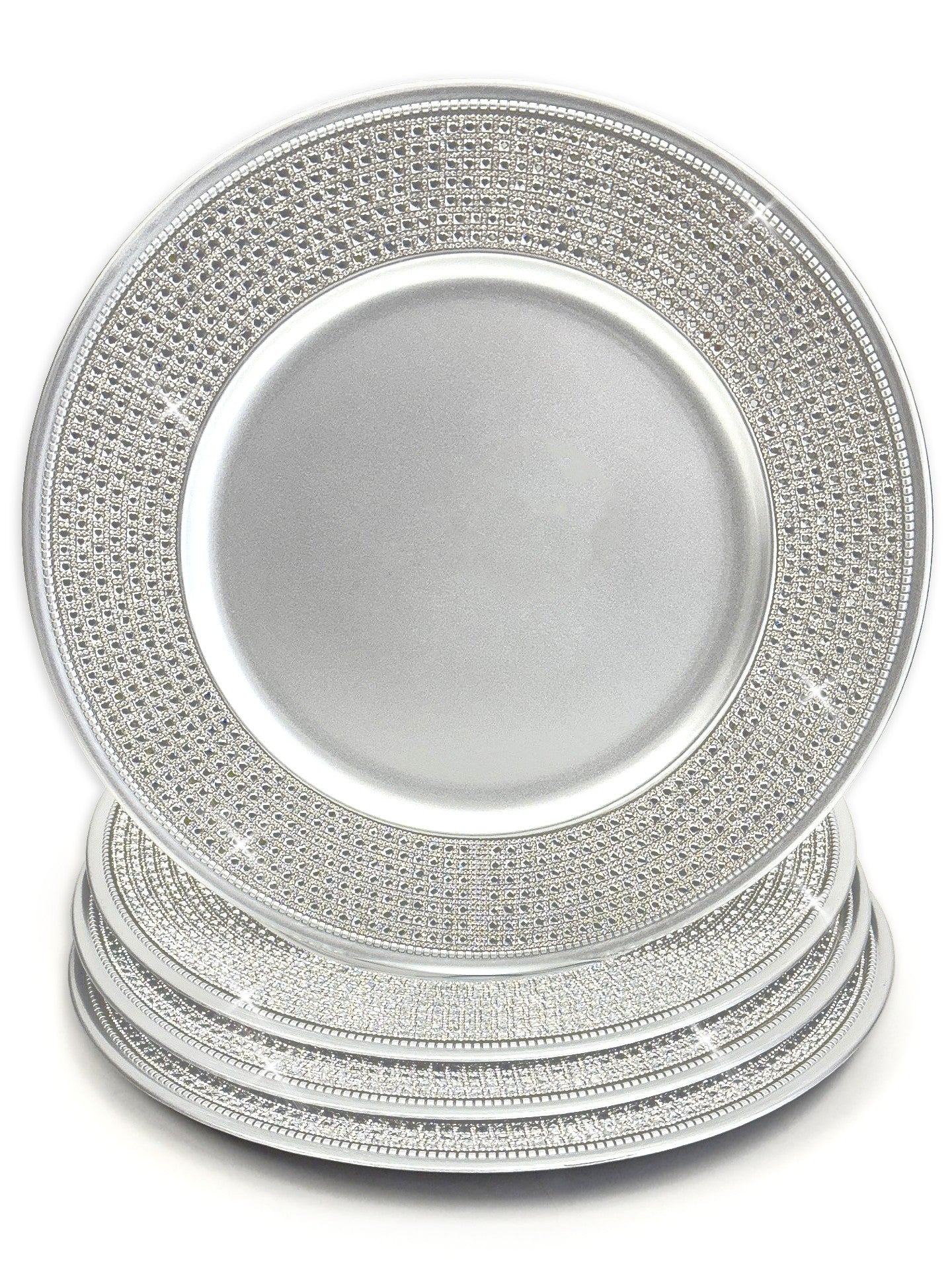 A stack of round decorative charger plates with silver crystal rhinestones glitter pattern, set against a plain white background.
