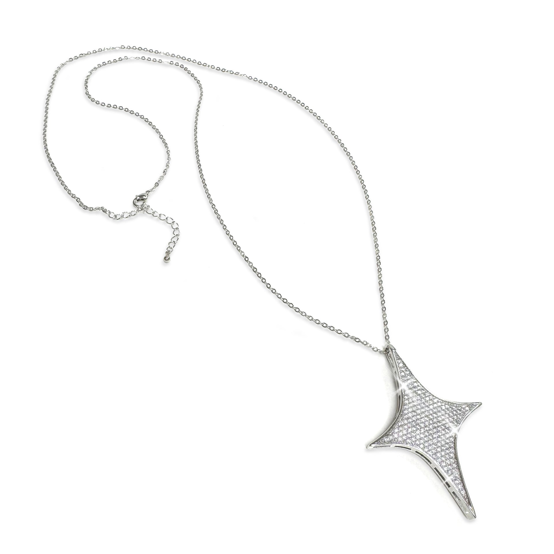 Silver star-shaped pendant with clear rhinestones necklace on a white background