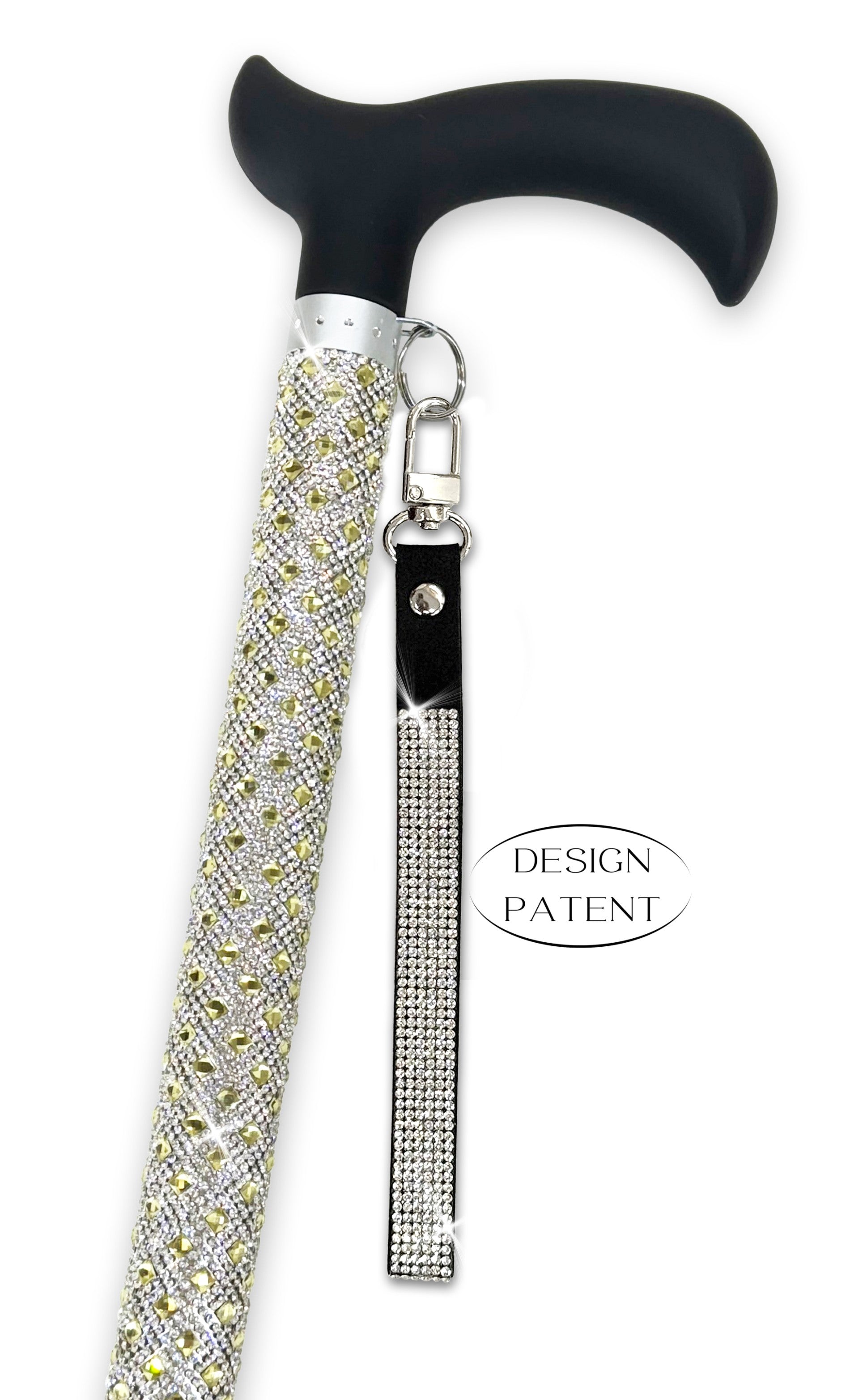 Decorative walking cane with coloured rhinestone shaft and black derby handle on a white background